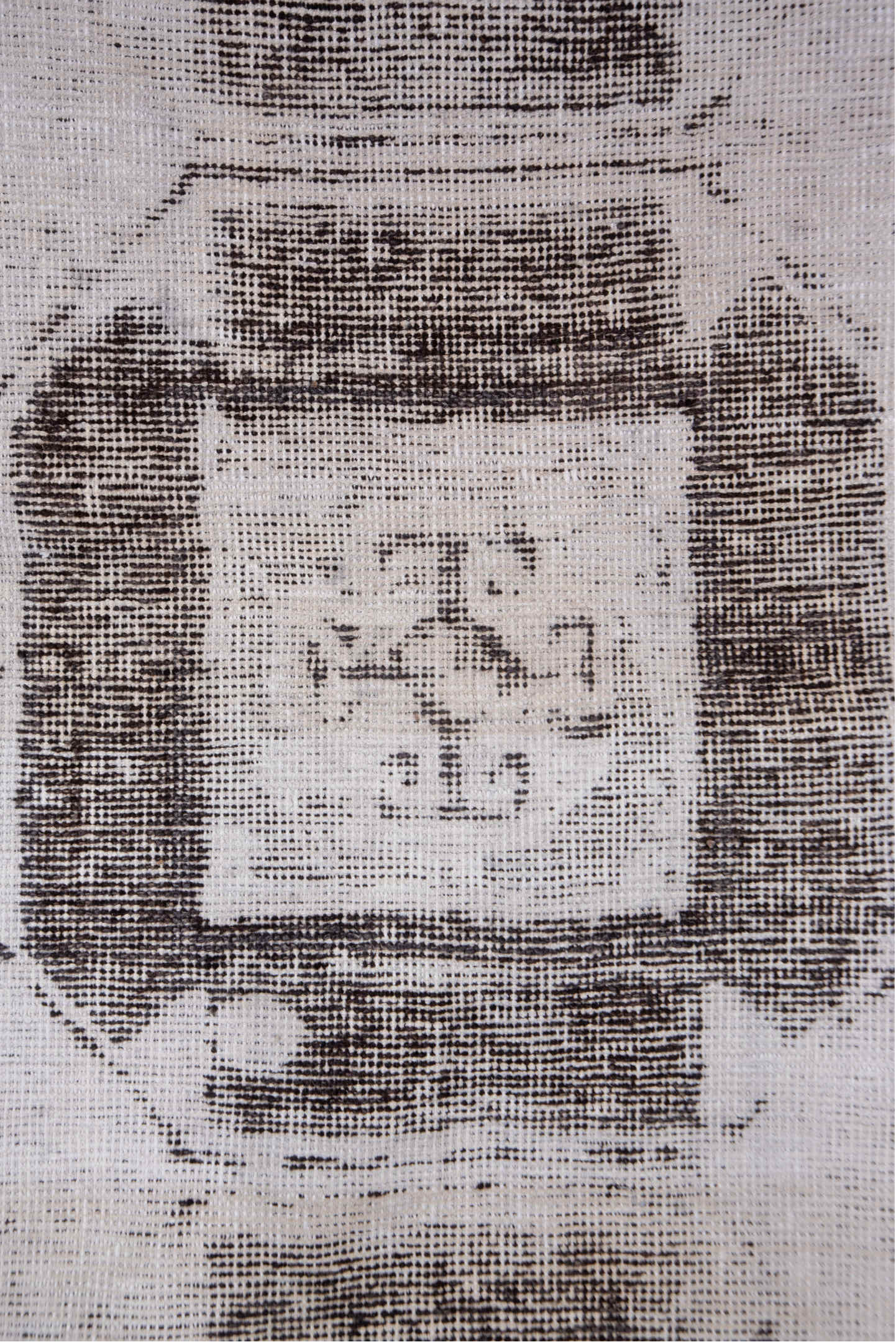 2' x 9' one-of-a-kind handmade vintage Oushak runner rug. Color palette: black, gray, light gray, off-white, pink, silver