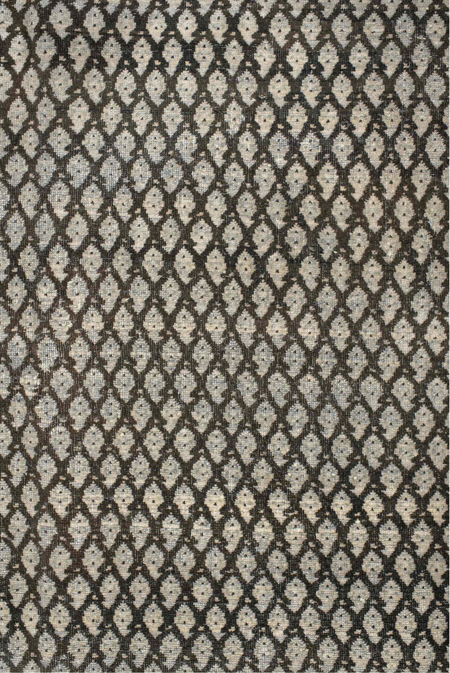 6' x 7' one-of-a-kind handmade vintage Mir rug. Color palette: light gray, off-white, gray, black, silver