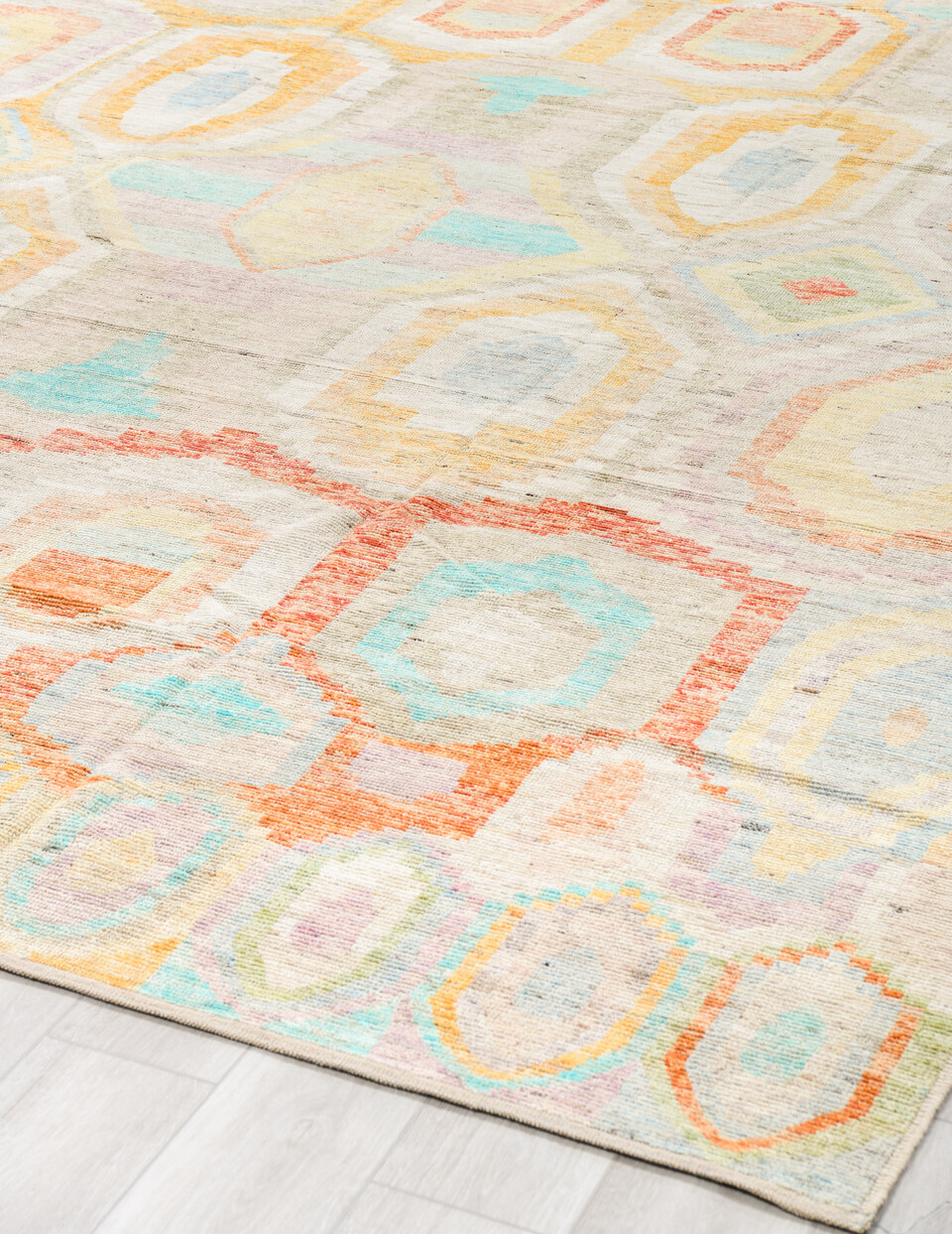 10' x 13' one-of-a-kind handmade vintage Tulu large size rug. Color palette: beige, blue, brown, floral white, gray, ivory