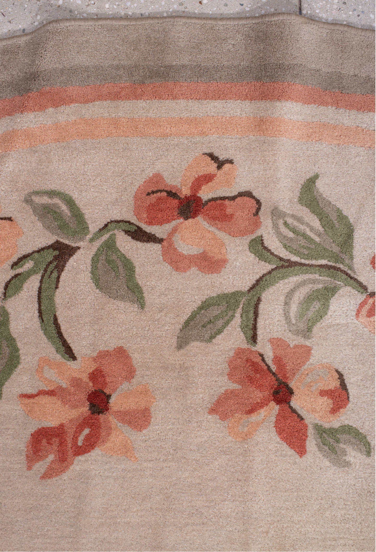 10' x 10' one-of-a-kind handmade vintage European large size rug. Color palette: brown, gray, light gray, off-white, orange