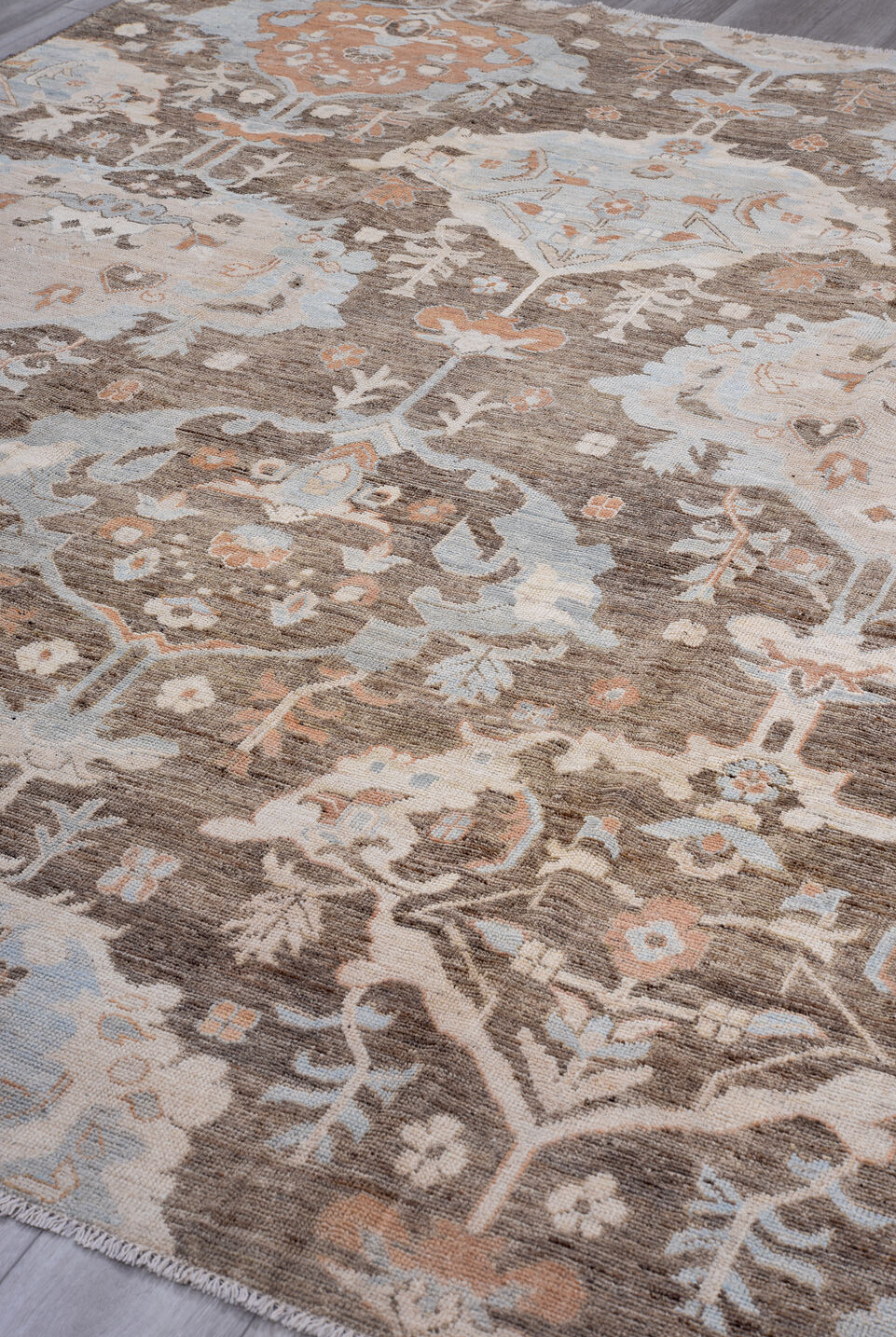 8' x 10' one-of-a-kind handmade vintage Oushak large size rug. Color palette: off-white, gray, pink, light gray, black