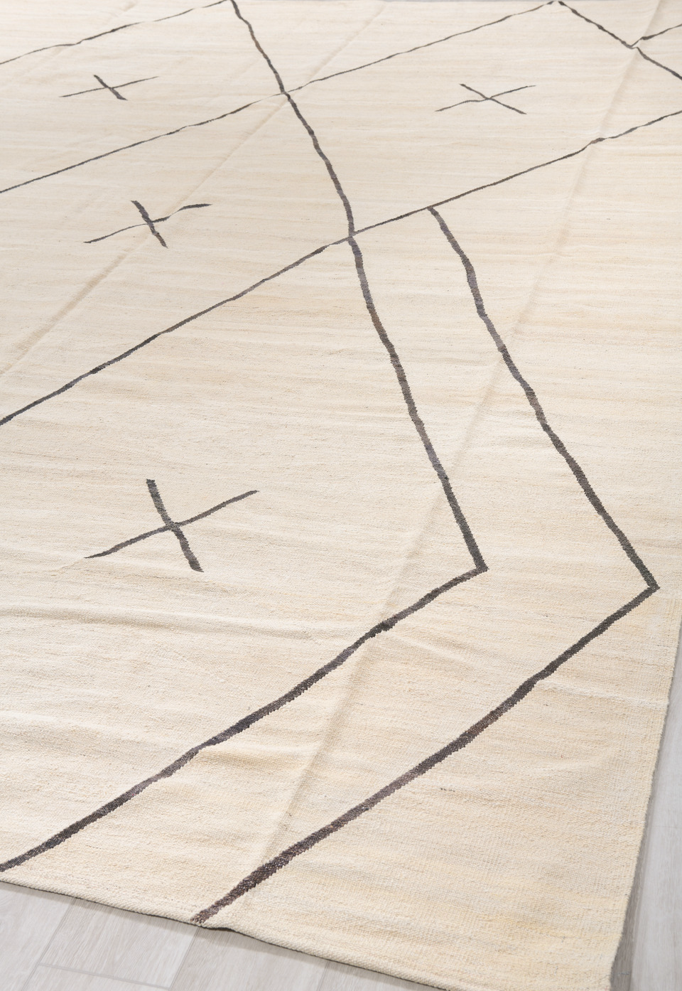 12' x 15' one-of-a-kind handmade vintage Kilim oversize rug. Color palette: antiquewhite, black, brown, charcoal, dark gray