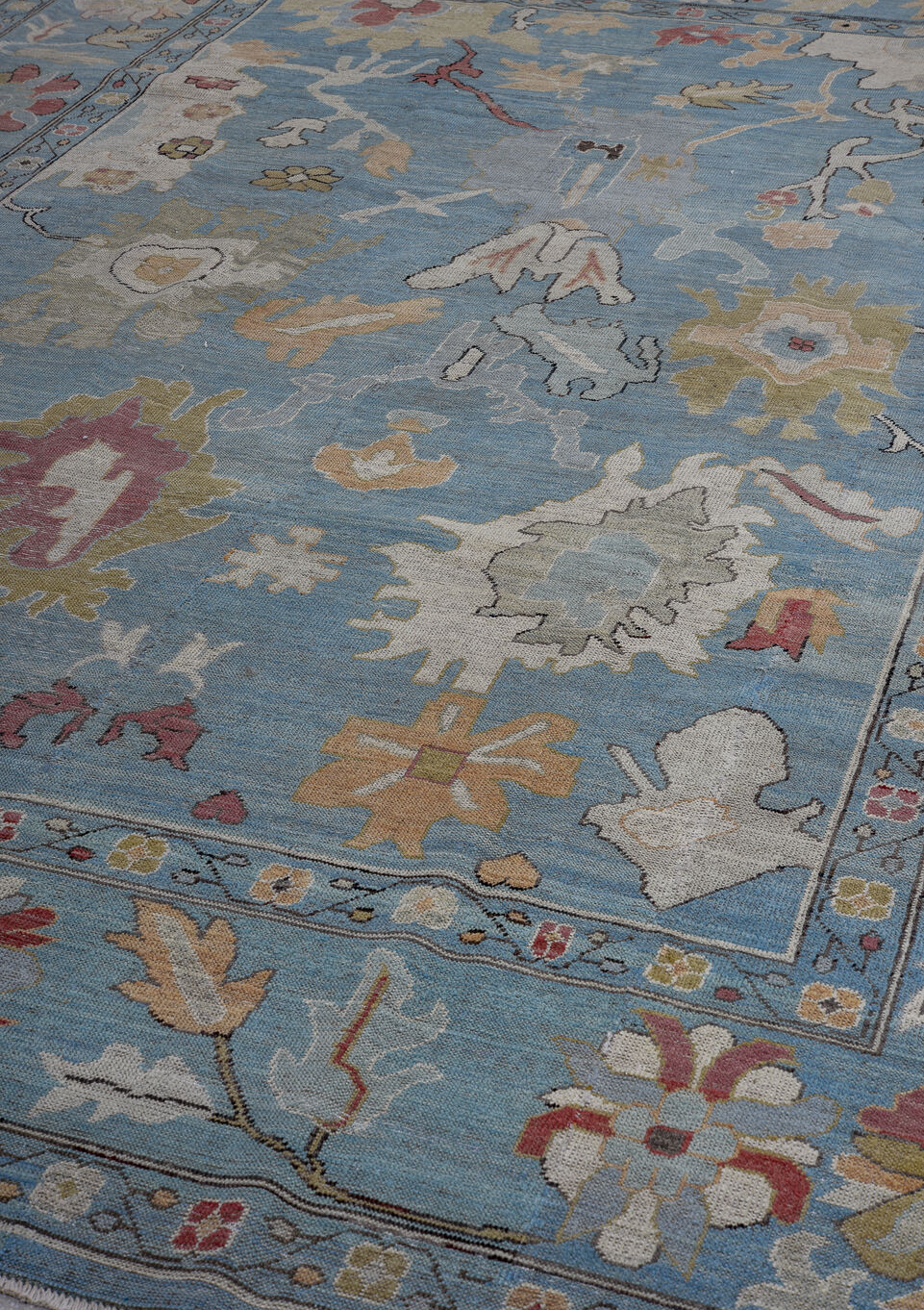 8' x 11' one-of-a-kind handmade vintage Oushak large size rug. Color palette: black, blue, brown, charcoal, dark gray