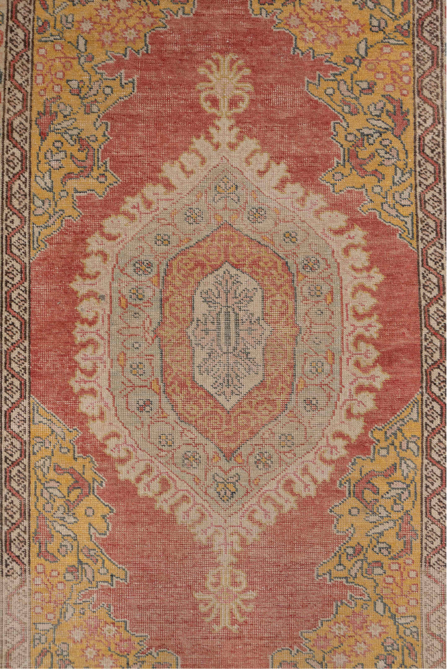 3' x 5' one-of-a-kind handmade vintage Oushak small size rug. Color palette: brown, gray, off-white, orange