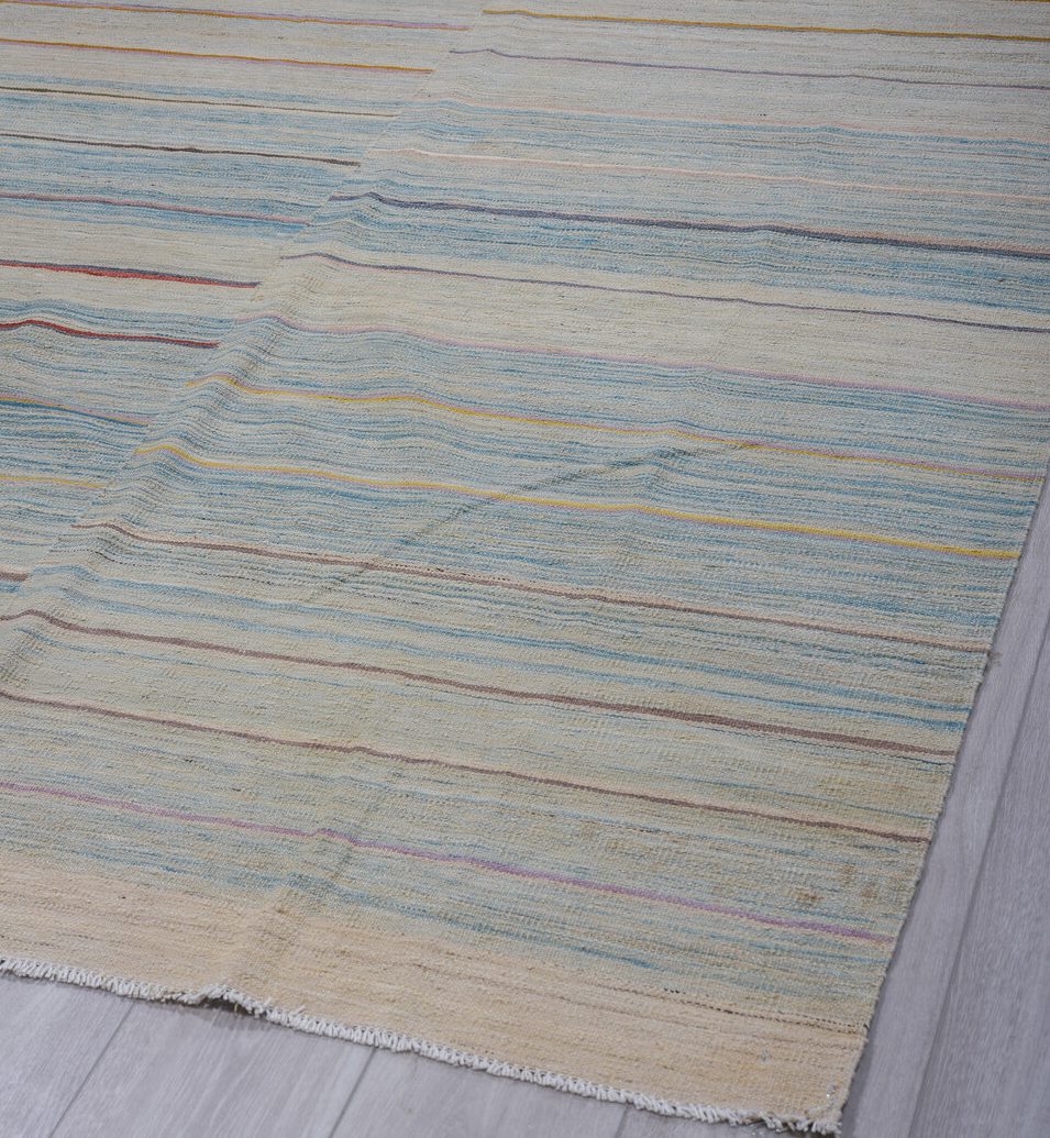 8' x 12' one-of-a-kind handmade vintage Kilim large size rug. Color palette: black, blue, charcoal, dim gray, gray