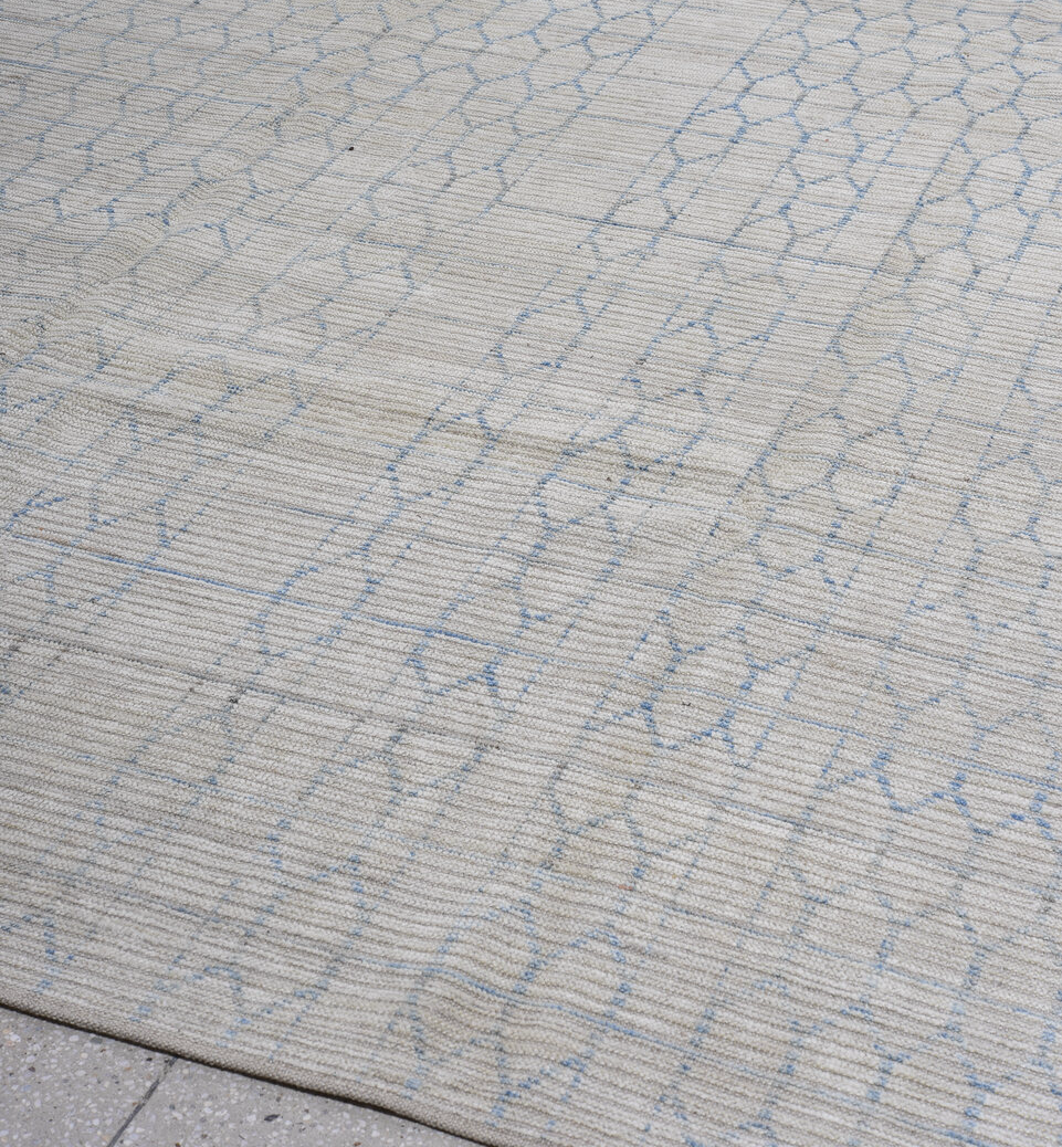 12' x 15' one-of-a-kind handmade vintage Tulu oversize rug. Color palette: black, blue, charcoal, dark gray, gainsboro, gray