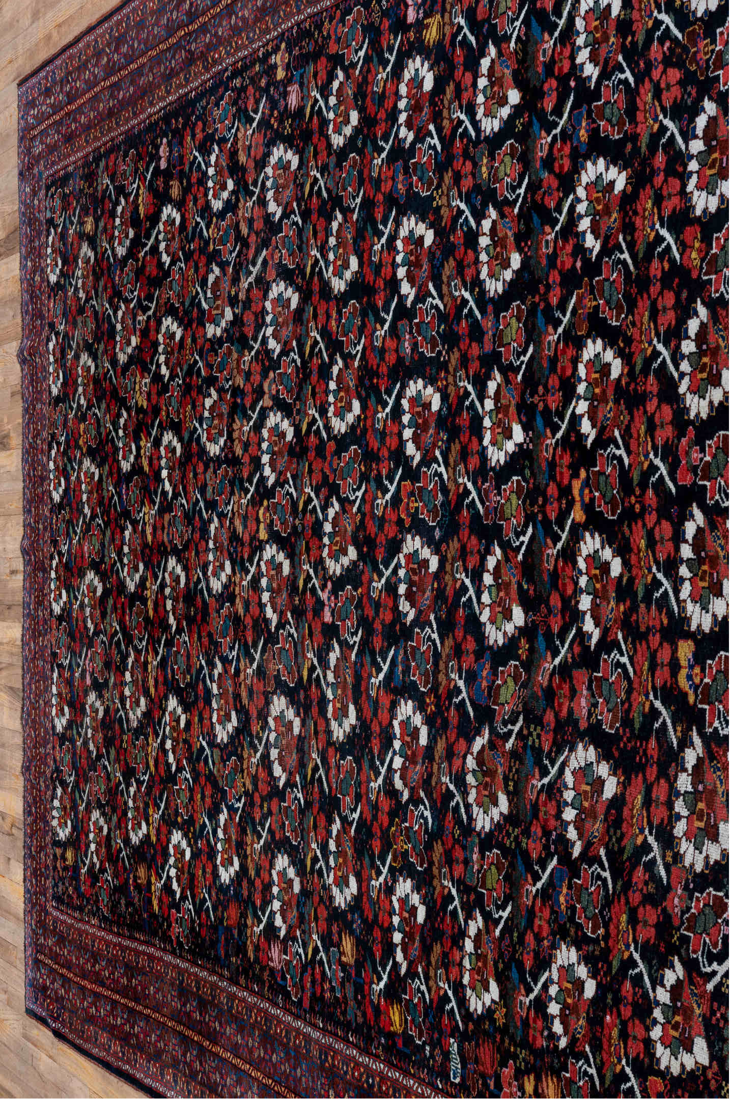 8' x 12' one-of-a-kind handmade vintage Shiraz large size rug. Color palette: black, brown, gray, pink, red
