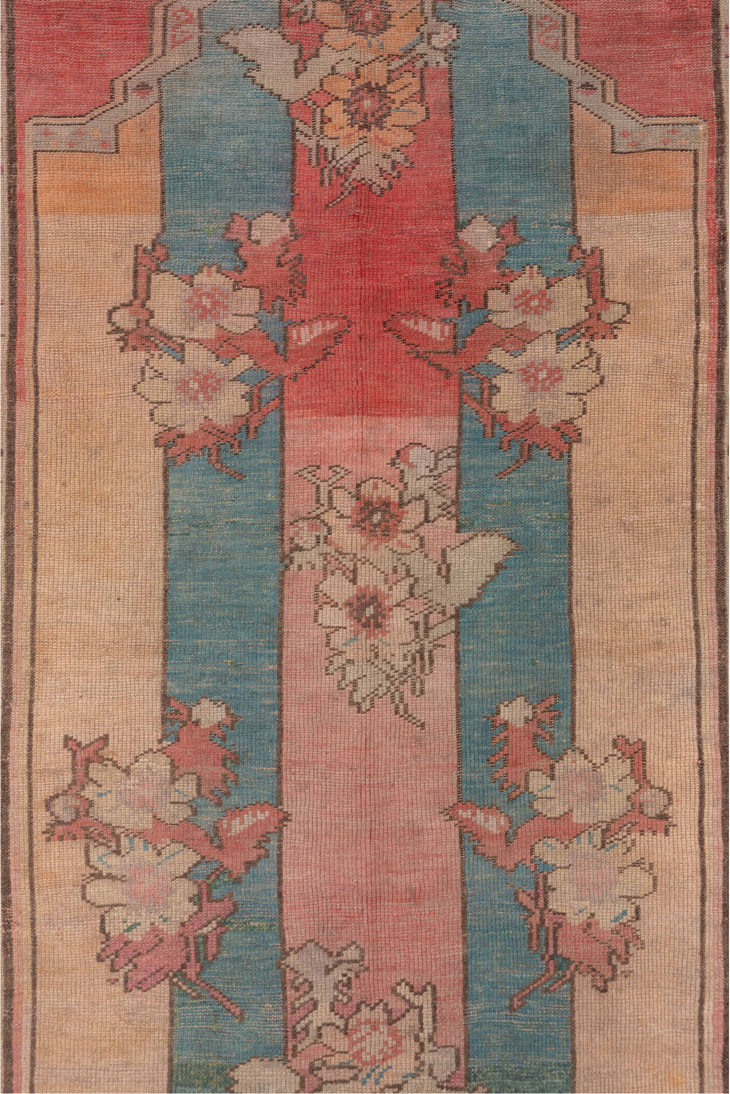 4' x 5' one-of-a-kind handmade vintage Oushak small size rug. Color palette: brown, gray, indian red, pink, red