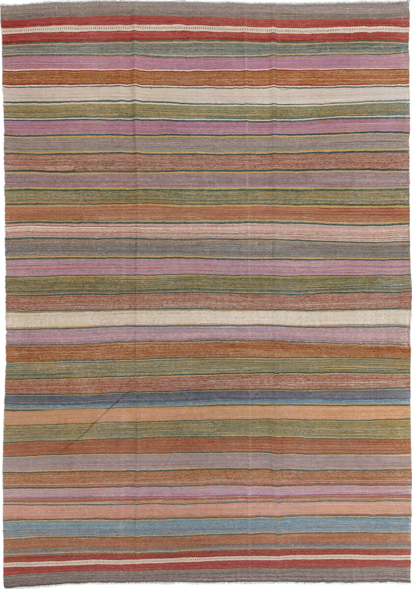 8' x 12' one-of-a-kind handmade vintage Kilim large size rug. Color palette: black, blue, brown, gray, light blue