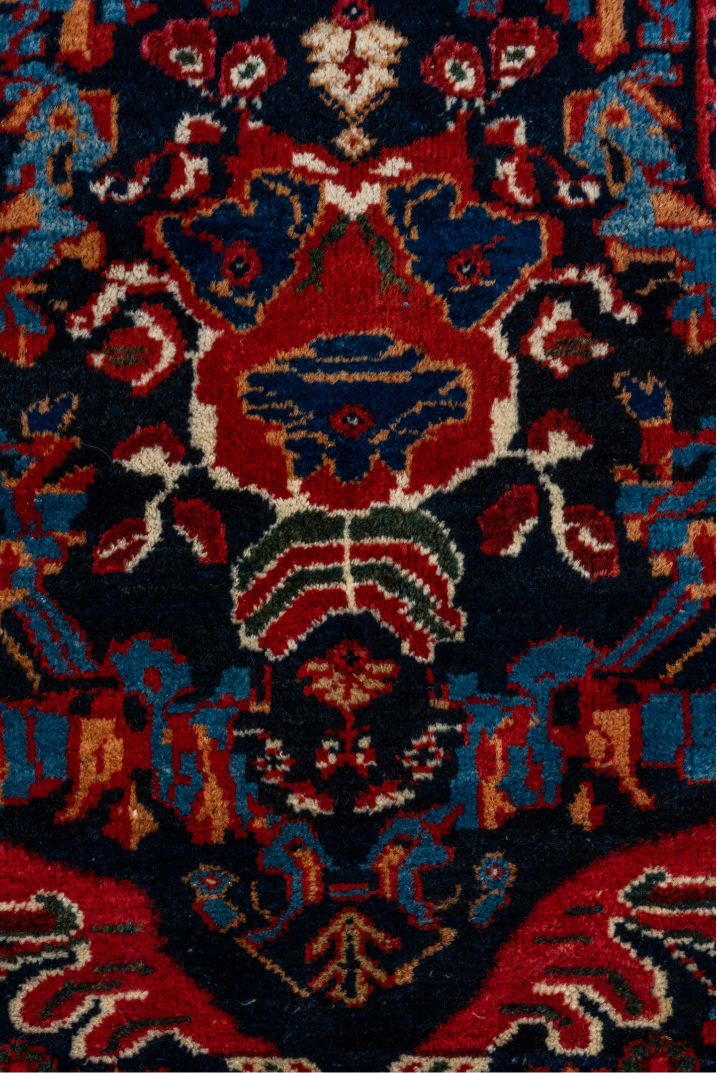 12' x 17' one-of-a-kind handmade vintage Mahal oversize rug. Color palette: brown, red, gray, blue, pink, maroon