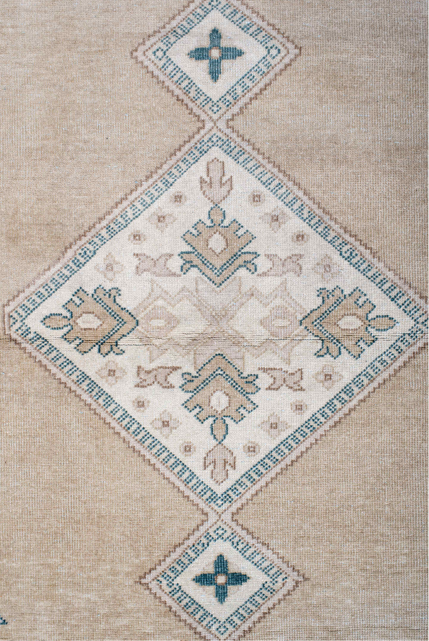 4' x 13' one-of-a-kind handmade vintage Sivas runner rug. Color palette: arapawa, blue, brown, gainsboro, gray, light gray