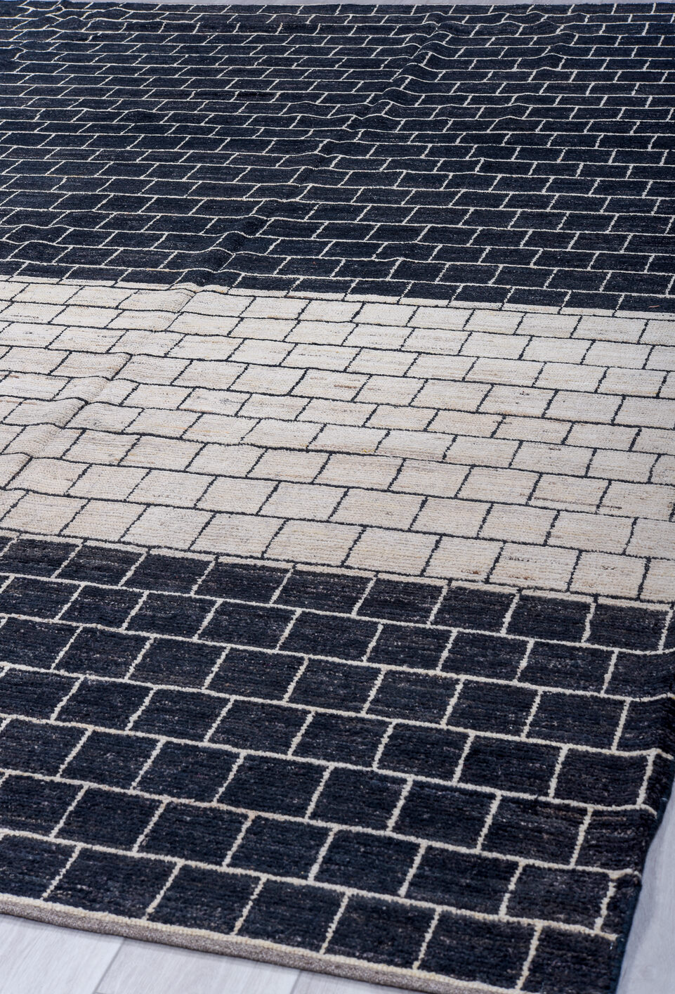 9' x 11' one-of-a-kind handmade vintage Tulu large size rug. Color palette: black, blue, dark gray, dim gray, gainsboro