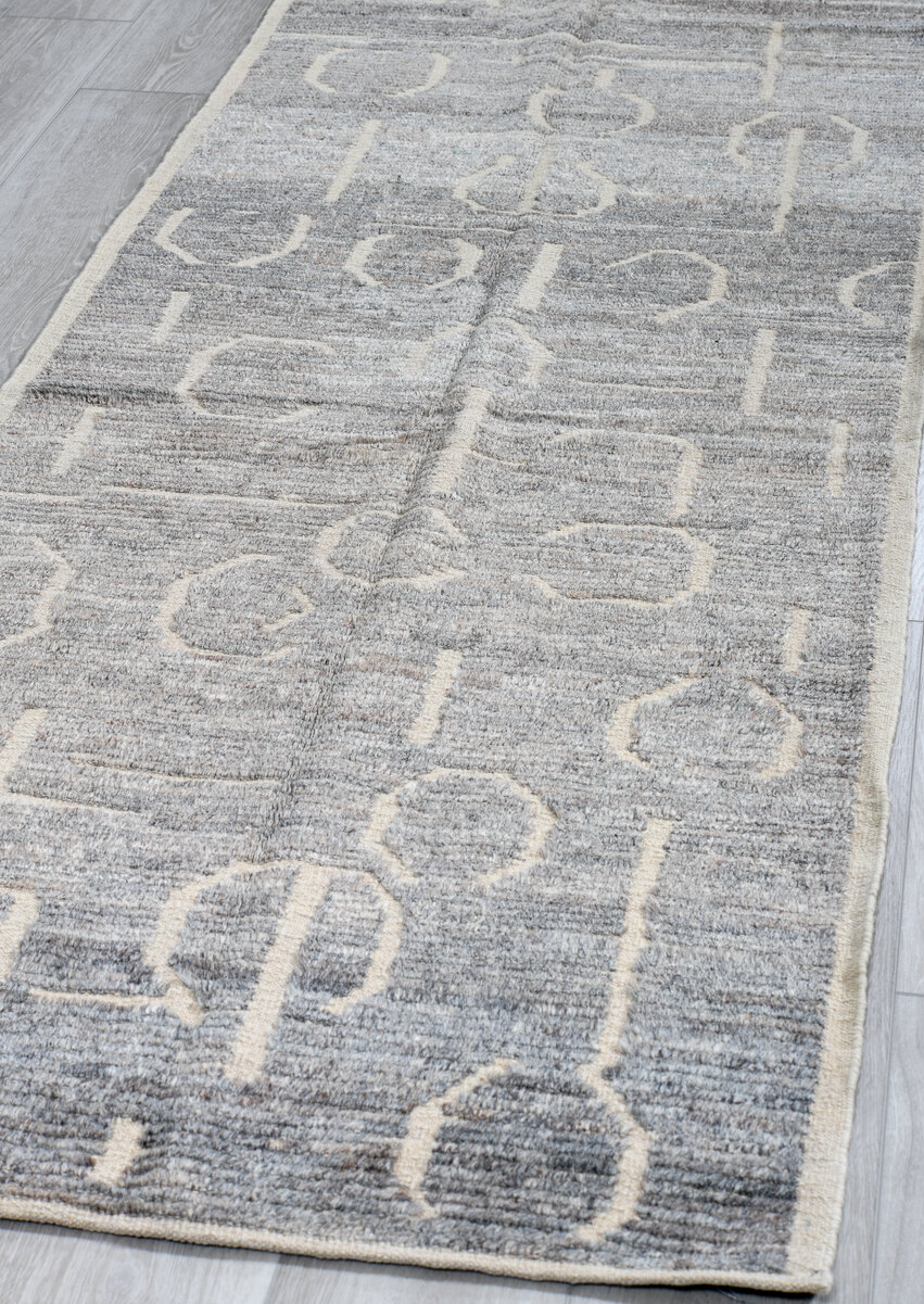 3' x 11' one-of-a-kind handmade vintage Tulu runner rug. Color palette: dim gray, gainsboro, gray, light blue, light gray