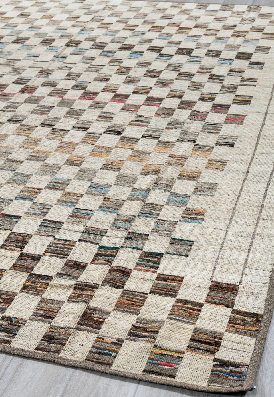 7' x 10' one-of-a-kind handmade vintage Tulu large size rug. Color palette: black, blue, brown, gainsboro, gray, light gray