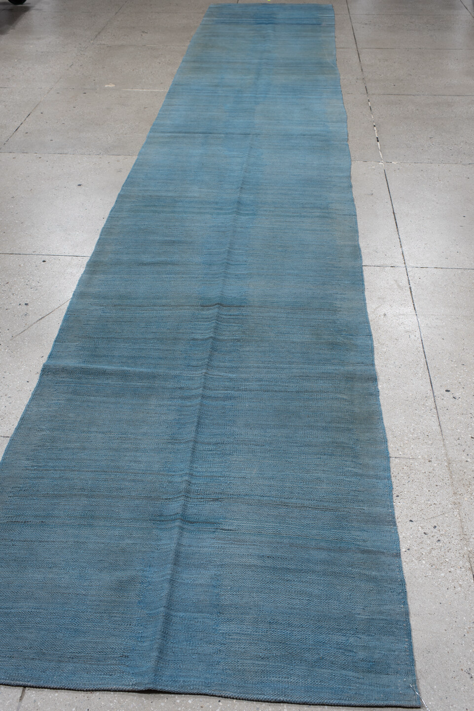 3' x 19' one-of-a-kind handmade vintage Kilim runner rug. Color palette: blue, gray, light blue, light gray