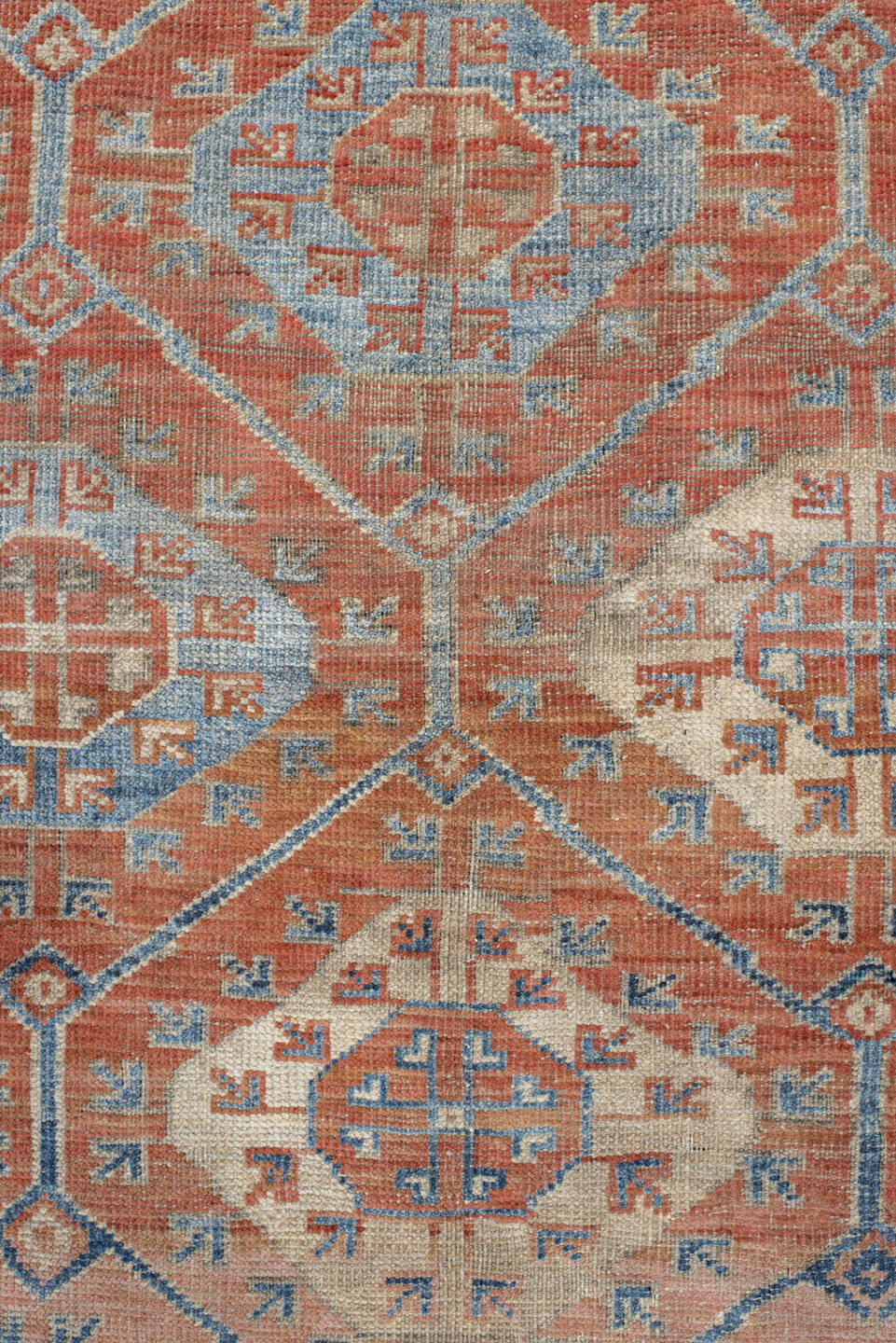 6' x 10' one-of-a-kind handmade vintage Belouch large size rug. Color palette: gray, blue, red, brown, light gray, pink