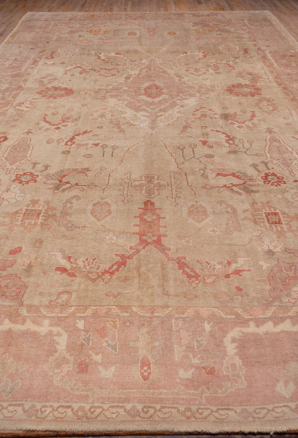 12' x 19' one-of-a-kind handmade vintage Oushak oversize rug. Color palette: bisque, blanched almond, brown, dark salmon