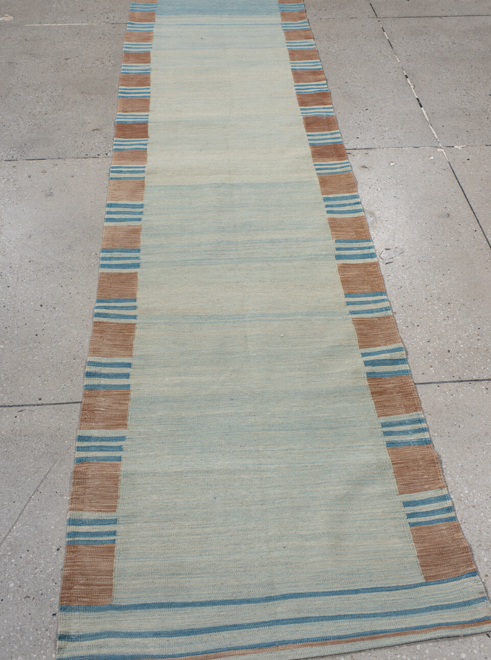 2' x 11' one-of-a-kind handmade vintage Kilim runner rug. Color palette: gray, light gray, blue, brown, dim gray