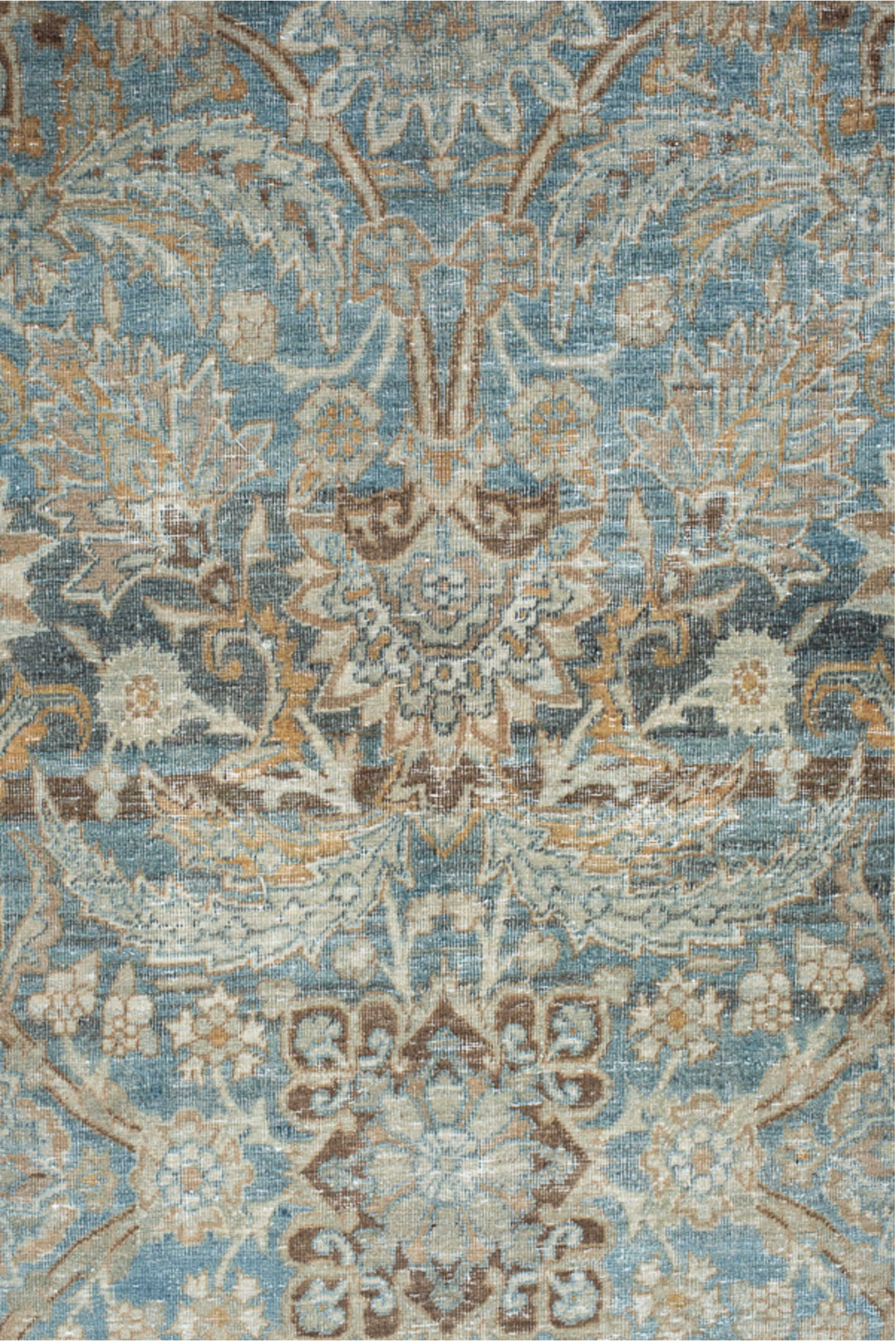 11' x 16' one-of-a-kind handmade vintage Tabriz oversize rug. Color palette: blue, brown, gray, light gray, off-white