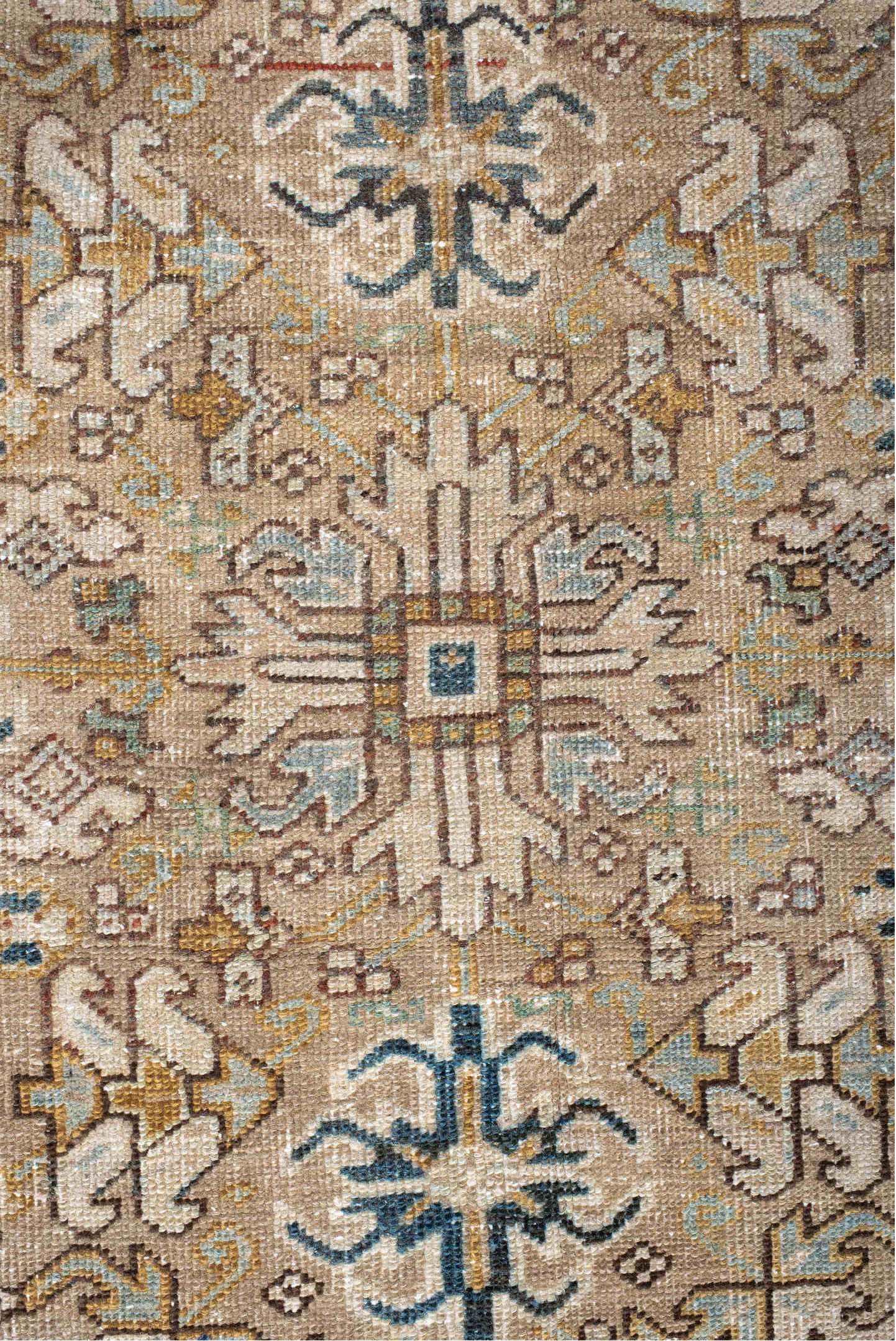 7' x 9' one-of-a-kind handmade vintage Heriz rug. Color palette: blue, brown, gainsboro, gray, light gray, off-white, orange