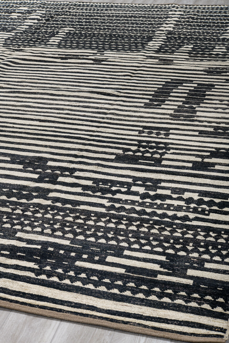 9' x 11' one-of-a-kind handmade vintage Tulu large size rug. Color palette: black, blue, charcoal, dark gray, dim gray