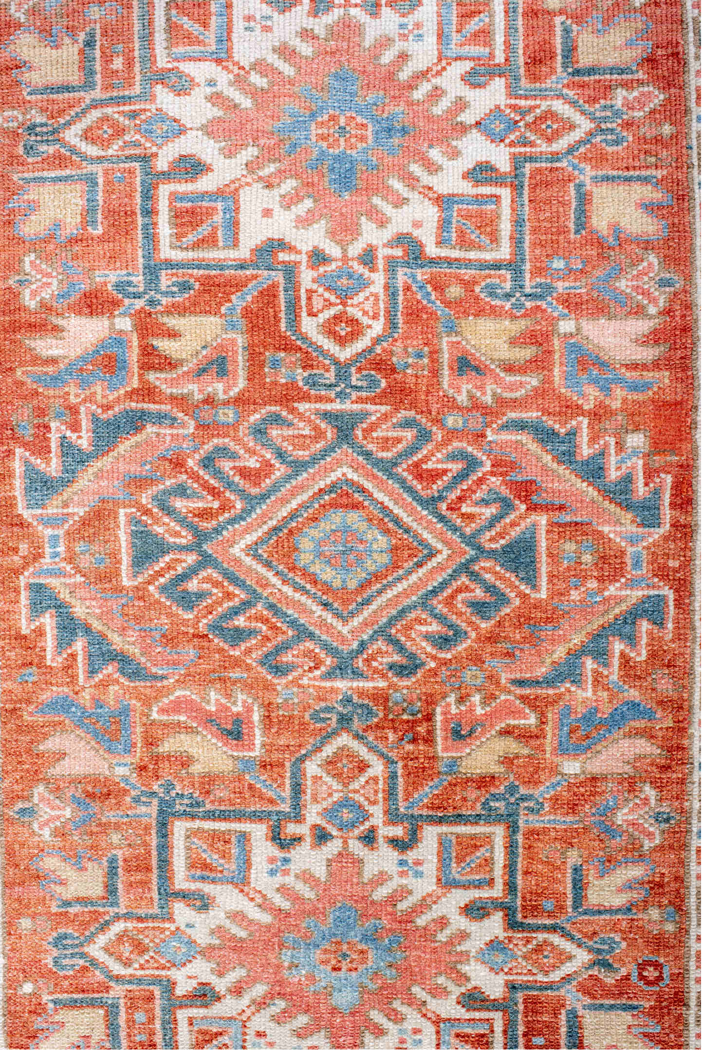 2' x 4' one-of-a-kind handmade vintage Karaje small size rug. Color palette: blue, brown, dark gray, dark salmon