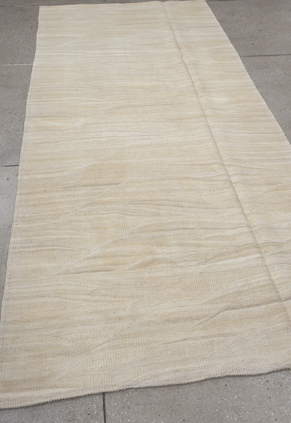 4' x 9' one-of-a-kind handmade vintage Kilim runner rug. Color palette: antiquewhite, brown, gray, light gray, linen