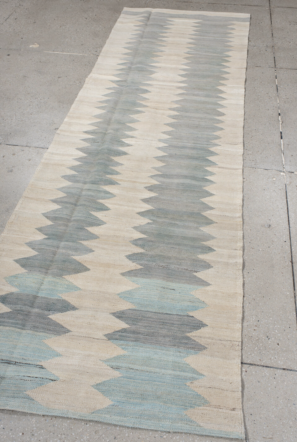 3' x 9' one-of-a-kind handmade vintage Kilim runner rug. Color palette: blue, dark gray, dim gray, gray, light gray