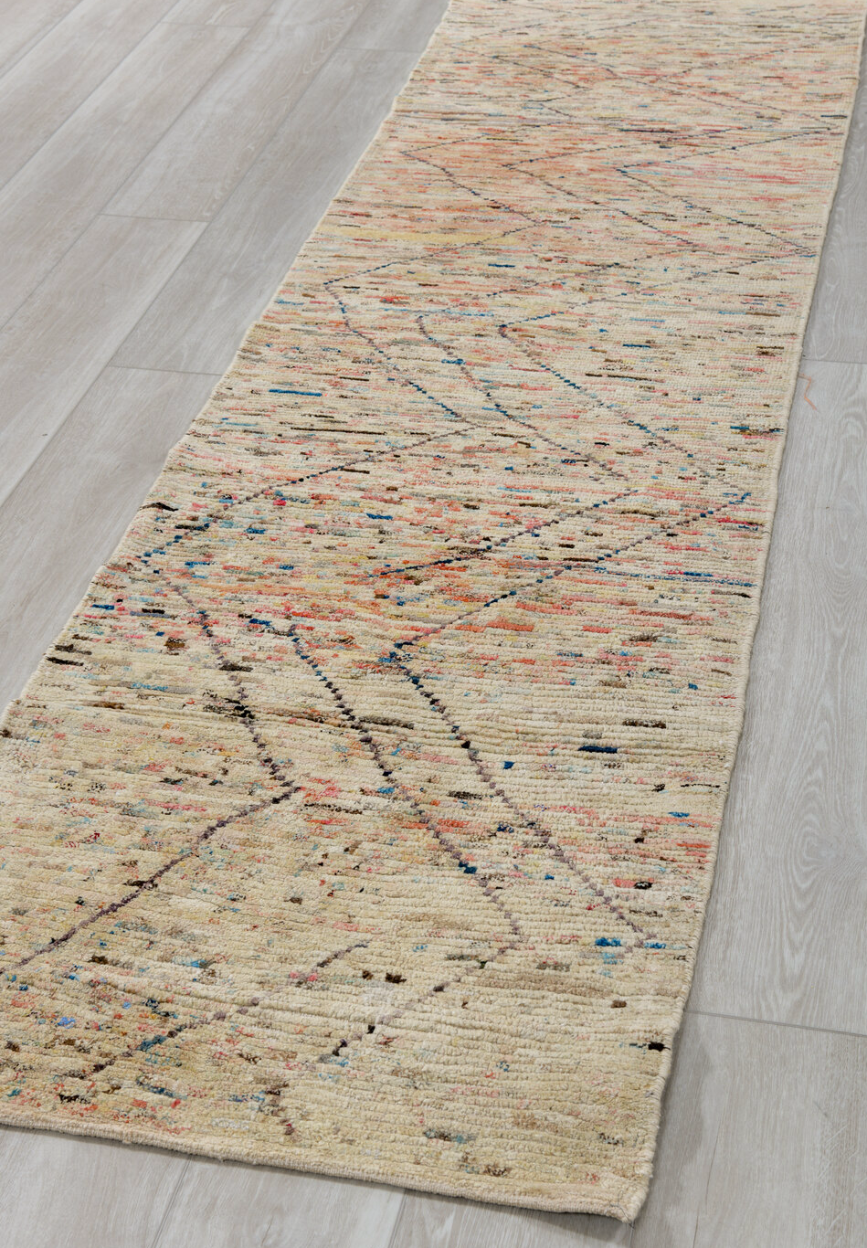 2' x 9' one-of-a-kind handmade vintage Tulu runner rug. Color palette: arapawa, black, blue, brown, dark gray, gainsboro