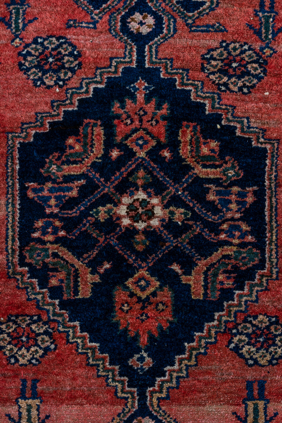 3' x 7' one-of-a-kind handmade vintage Malayer rug. Color palette: black, blue, brown, charcoal, gray, pink, red
