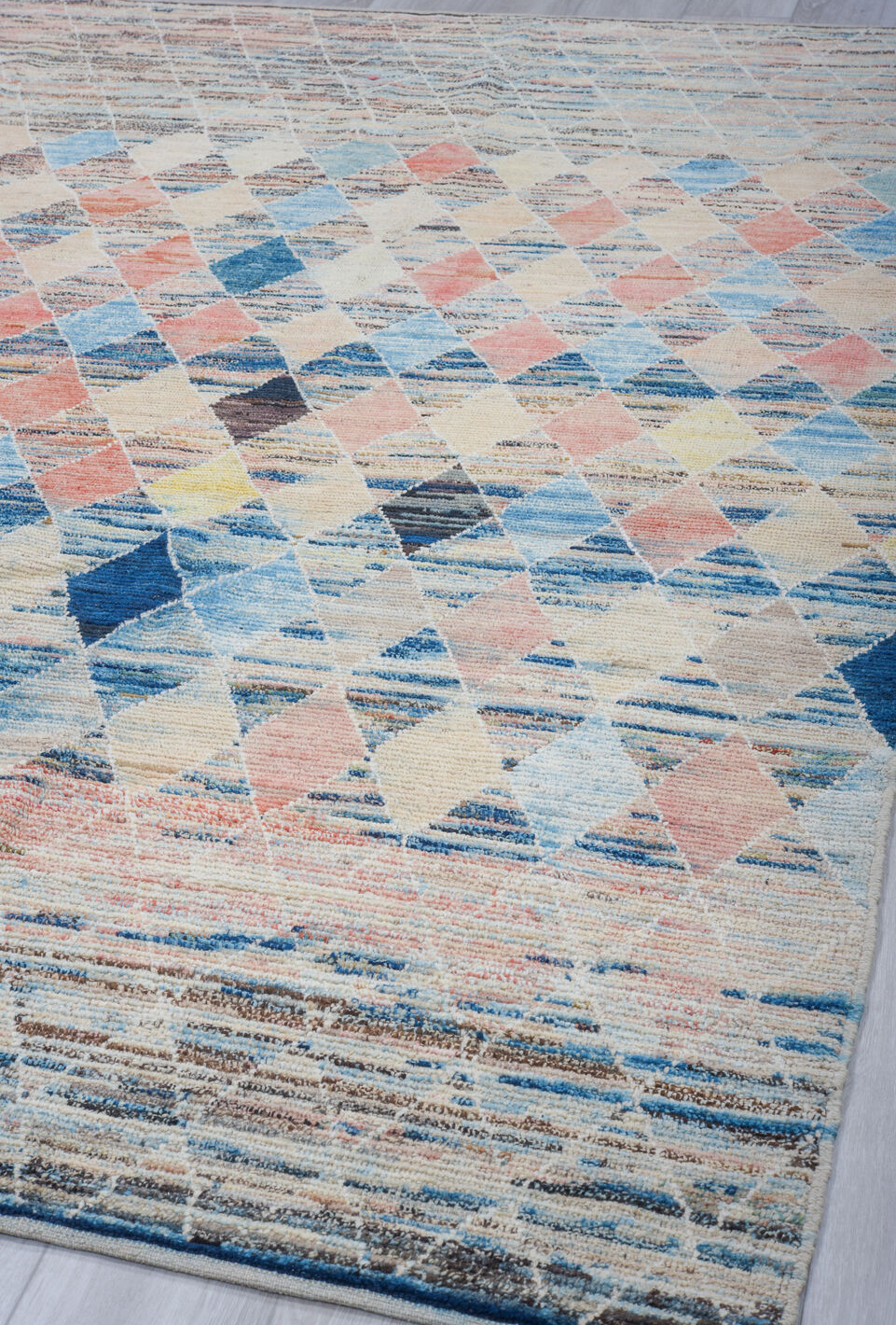 8' x 9' one-of-a-kind handmade vintage Tulu rug. Color palette: black, blue, charcoal, dim gray, gainsboro, gray, light blue