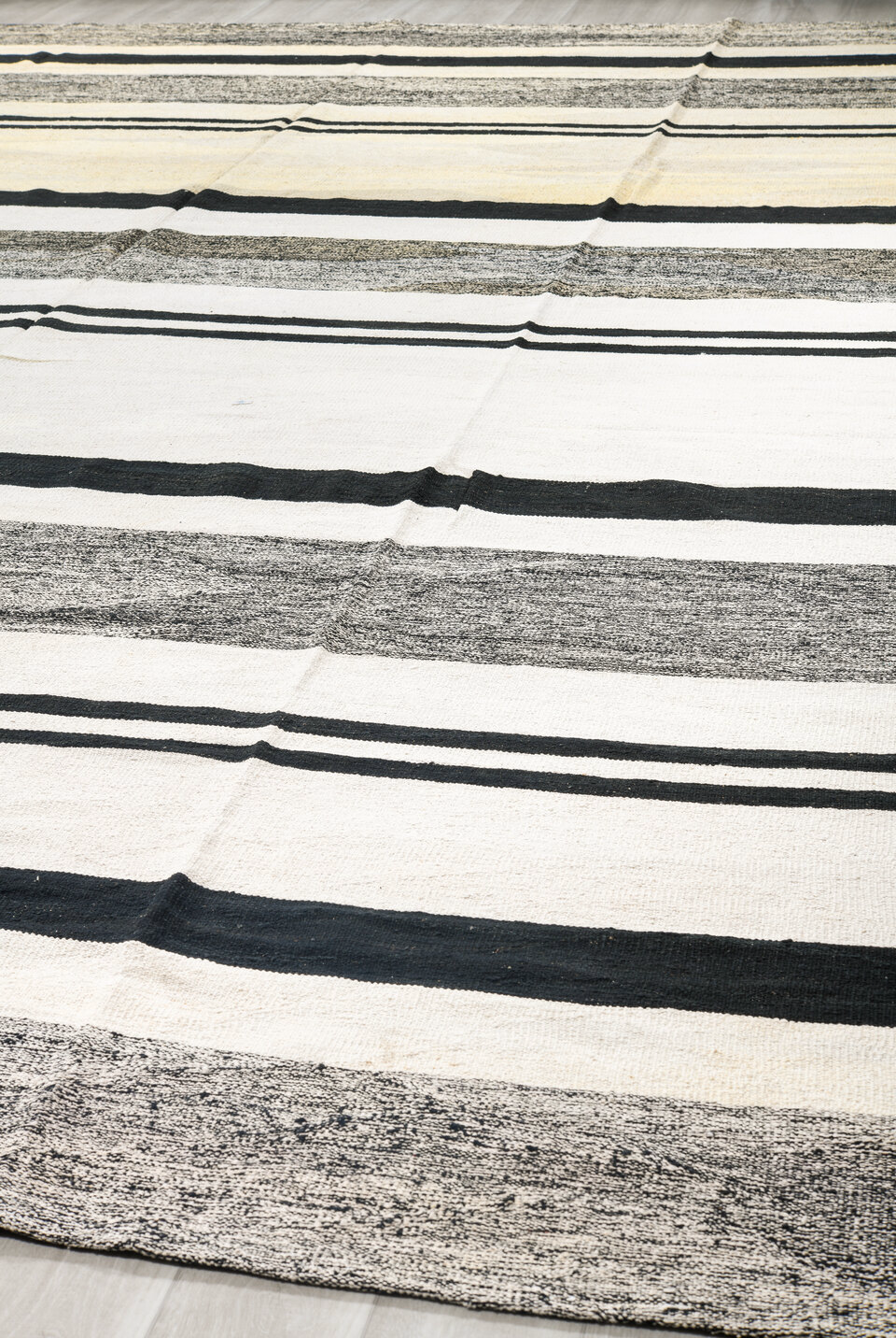 13' x 19' one-of-a-kind handmade vintage Kilim oversize rug. Color palette: black, charcoal, dark gray, dim gray, gray