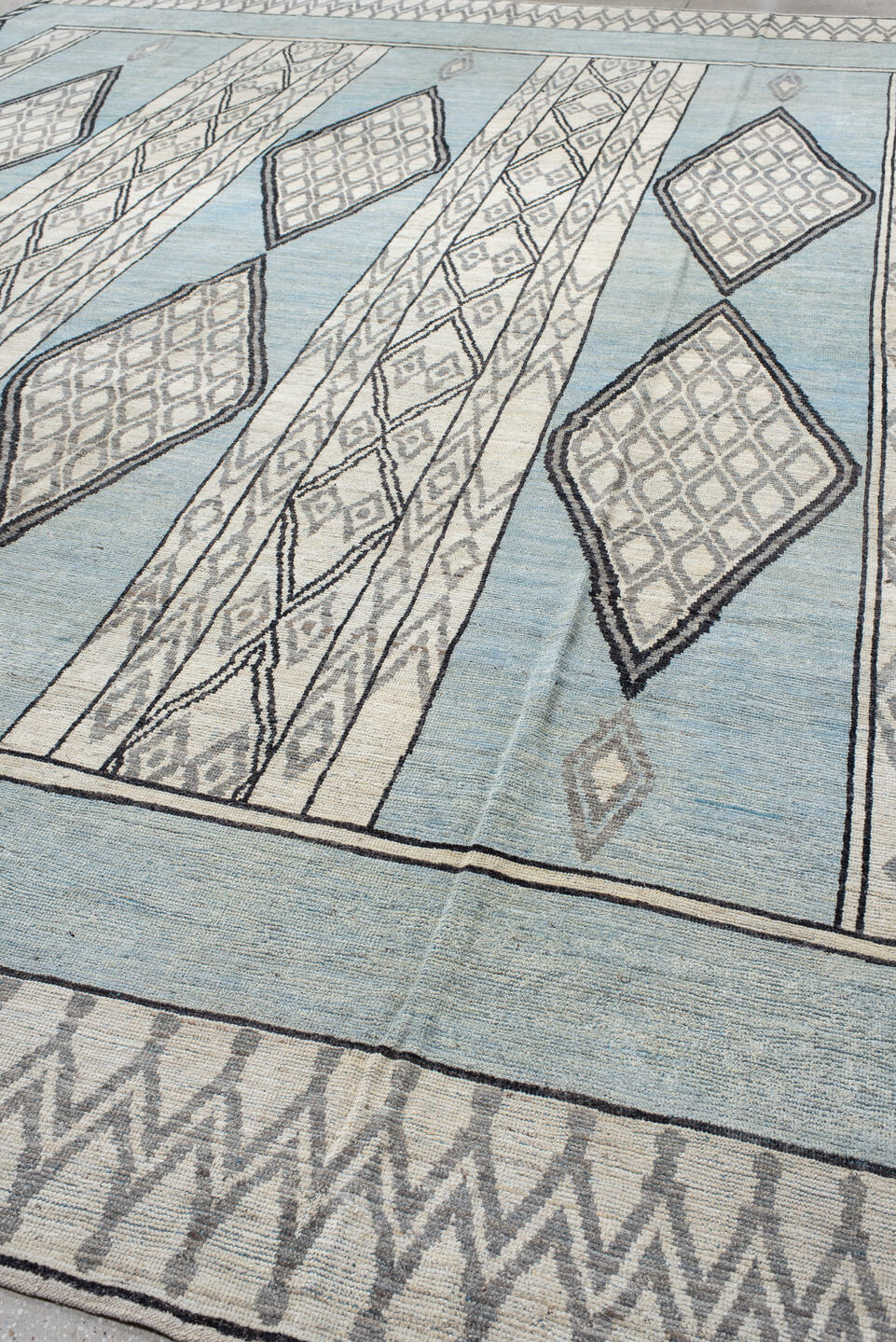 14' x 19' one-of-a-kind handmade vintage Tulu oversize rug. Color palette: black, blue, charcoal, dark gray, dim gray, gray