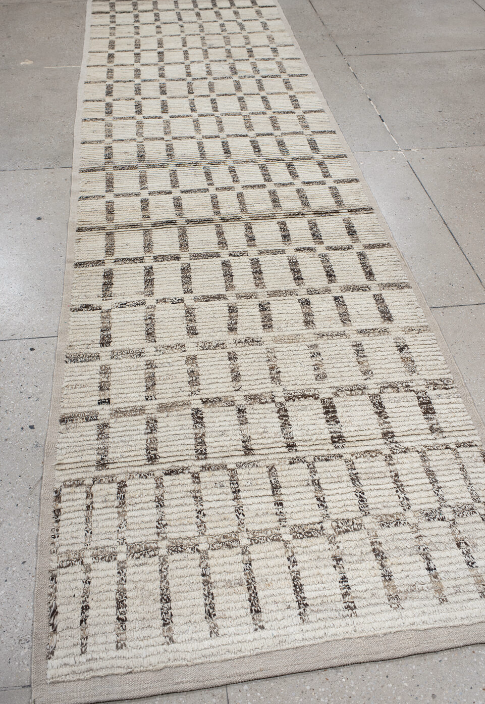 3' x 13' one-of-a-kind handmade vintage Tulu runner rug. Color palette: black, gray, light gray, off-white