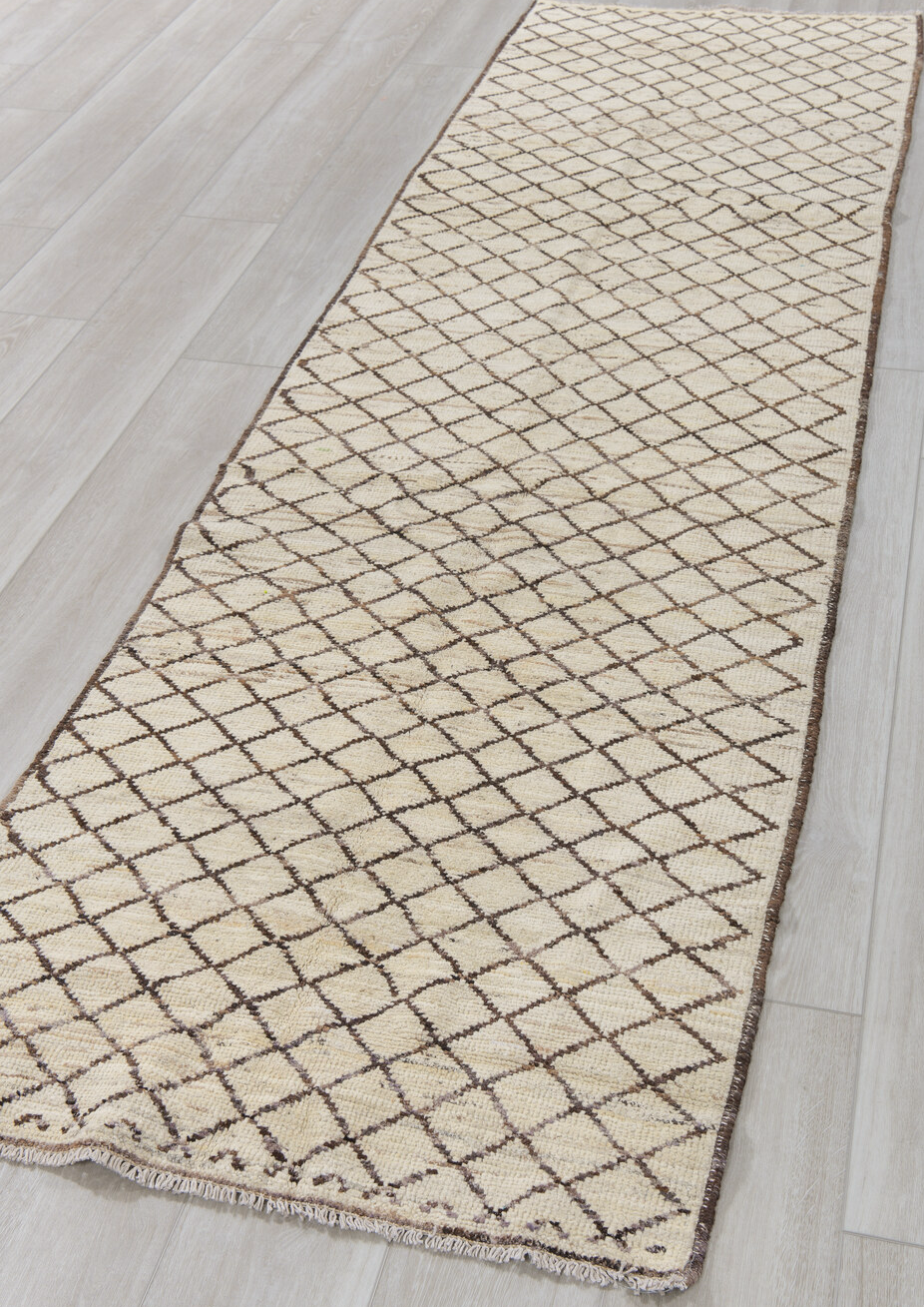 2' x 9' one-of-a-kind handmade vintage Tulu runner rug. Color palette: black, brown, gainsboro, gray, light gray, off-white