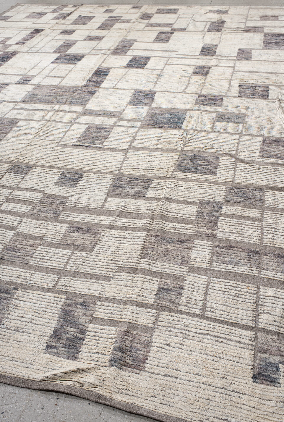 12' x 15' one-of-a-kind handmade vintage Tulu oversize rug. Color palette: blue, dark gray, dim gray, floral white