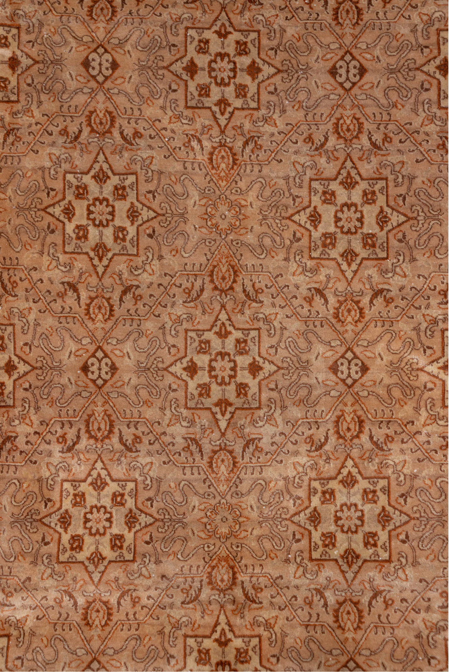 8' x 9' one-of-a-kind handmade vintage Agra rug. Color palette: brown, gainsboro, gray, light gray, off-white, orange, pink