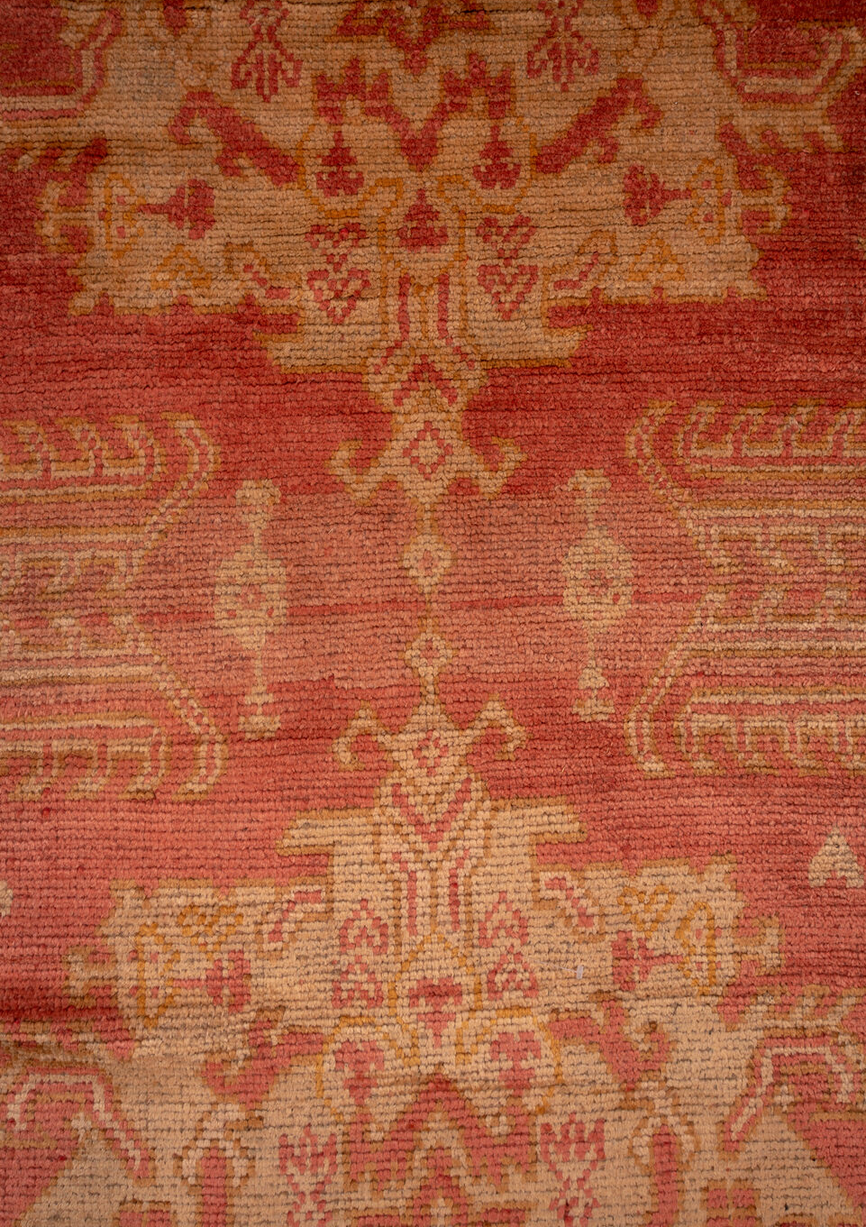 13' x 17' one-of-a-kind handmade vintage Oushak oversize rug. Color palette: brown, burlywood, dark salmon, orange, pink