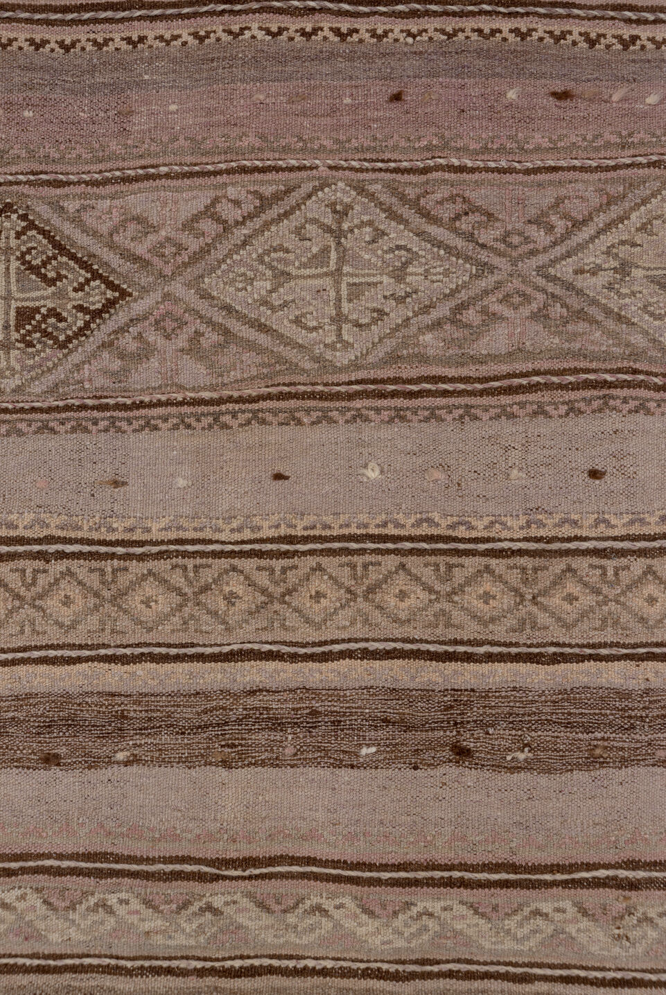 2' x 10' one-of-a-kind handmade vintage Kilim runner rug. Color palette: brown, gray, off-white, pink, snow, white