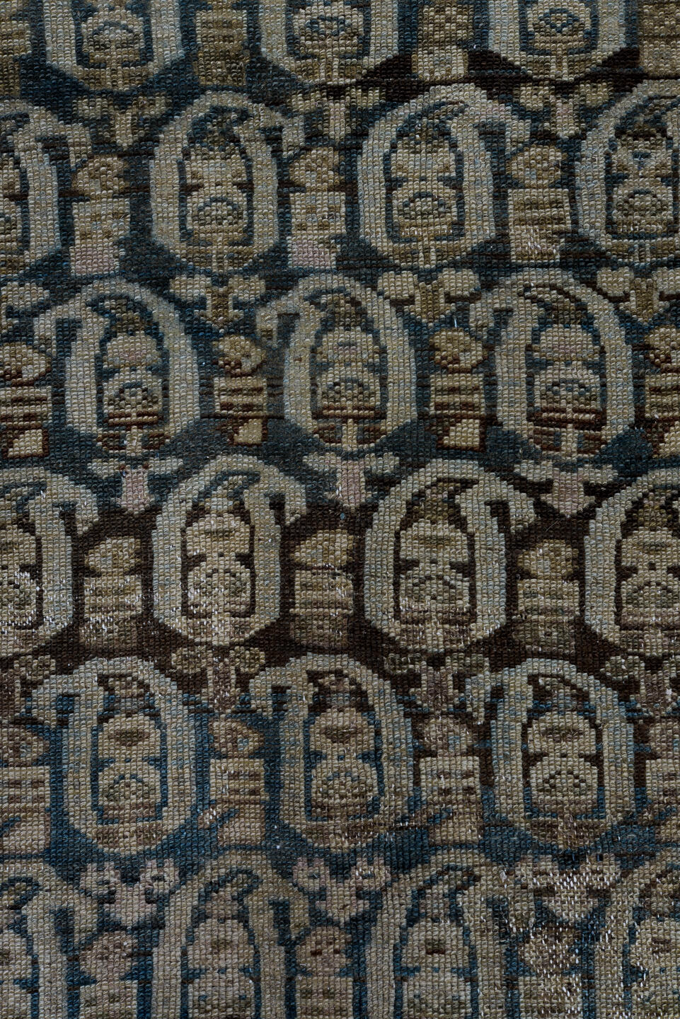 4' x 9' one-of-a-kind handmade vintage Malayer rug. Color palette: black, blue, brown, gainsboro, gray, light gray