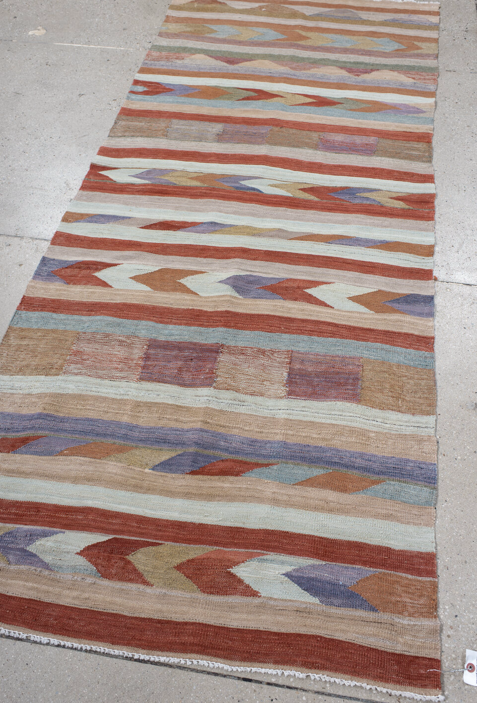 3' x 7' one-of-a-kind handmade vintage Kilim runner rug. Color palette: blue, brown, gray, light gray, off-white, pink, red