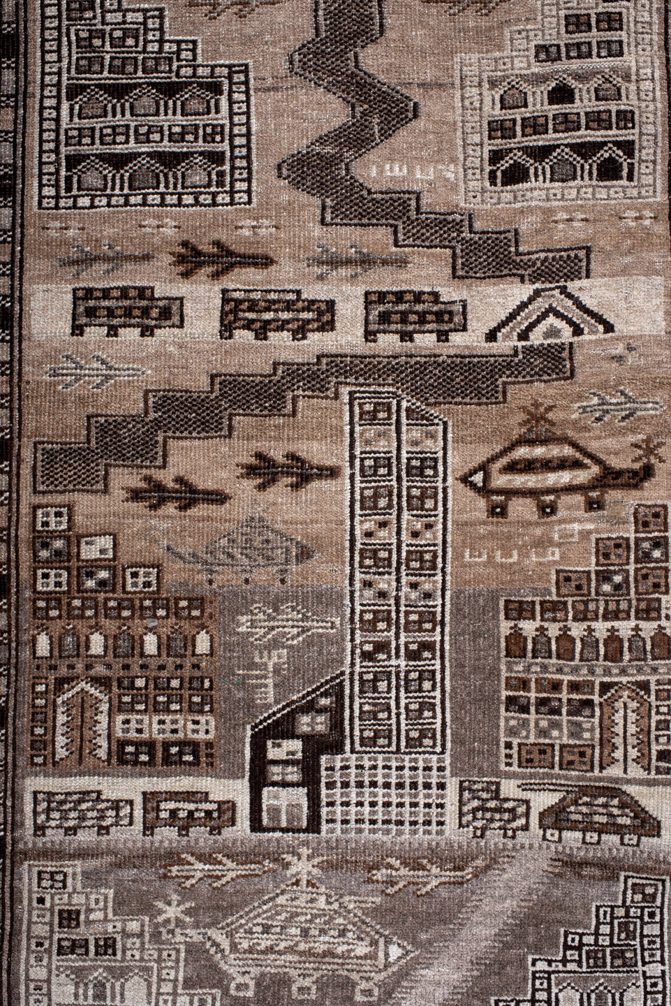 2' x 4' one-of-a-kind handmade vintage Belouch small size rug. Color palette: black, brown, charcoal, gray, light gray