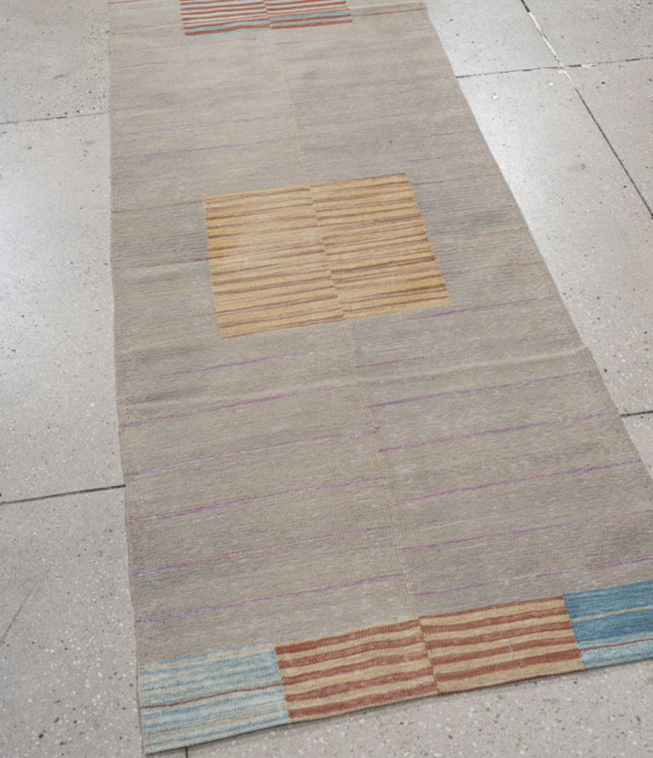 2' x 8' one-of-a-kind handmade vintage Kilim runner rug. Color palette: gray, light gray, off-white, pink, brown, orange