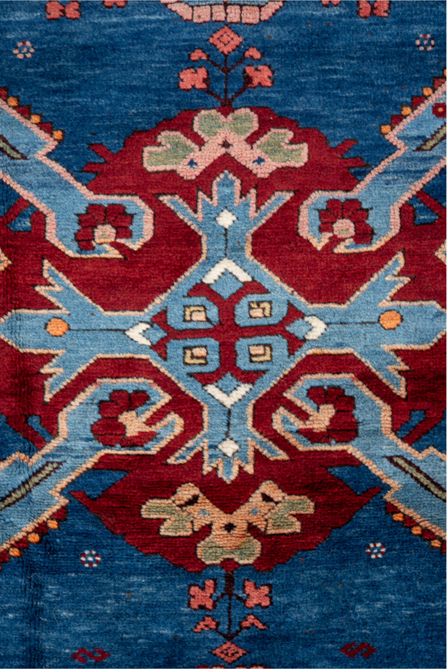3' x 6' one-of-a-kind handmade vintage Kuba small size rug. Color palette: blue, brown, gray, light gray, off-white, pink