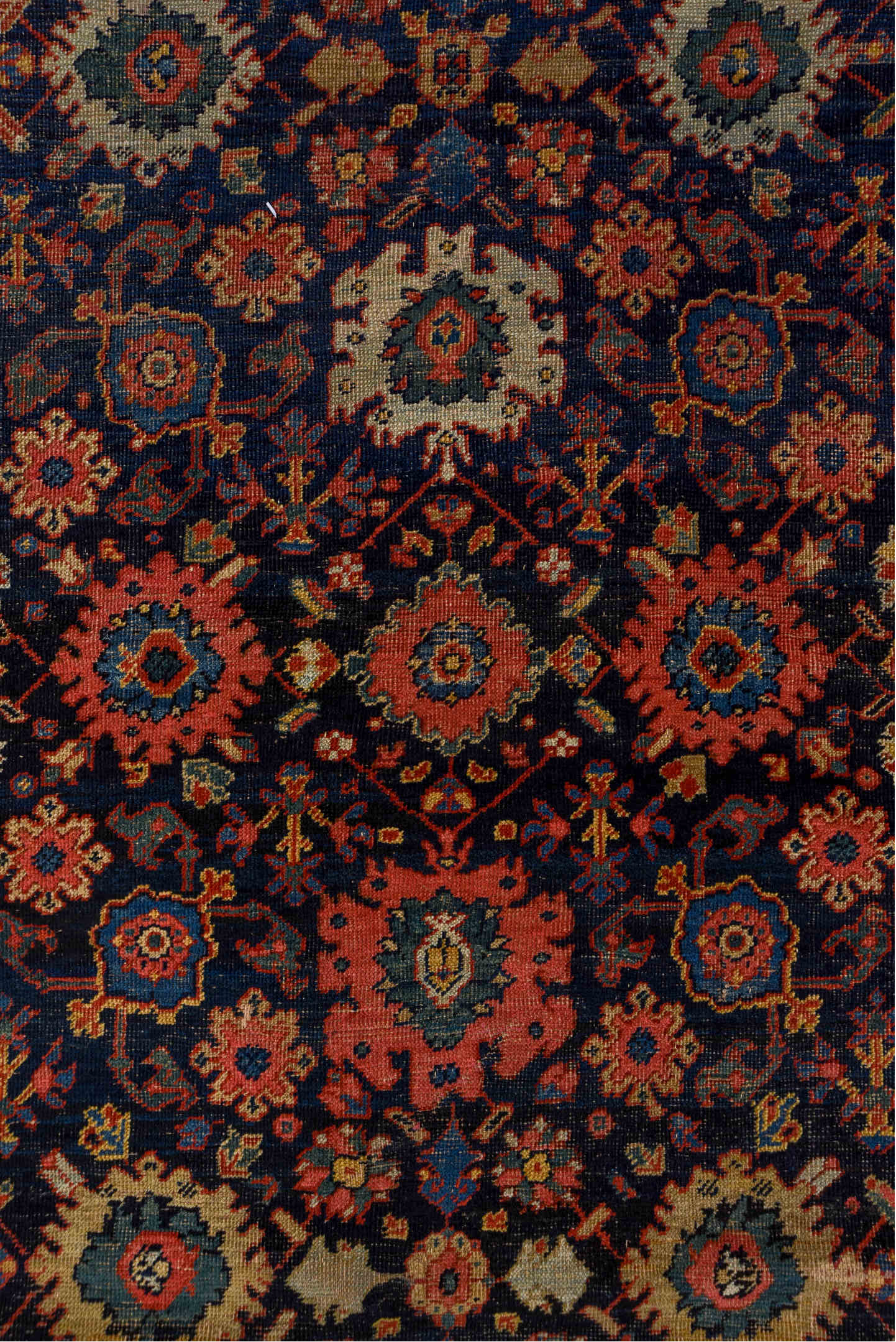 14' x 19' one-of-a-kind handmade vintage Sultanabad oversize rug. Color palette: black, blue, brown, dim gray, gray, pink