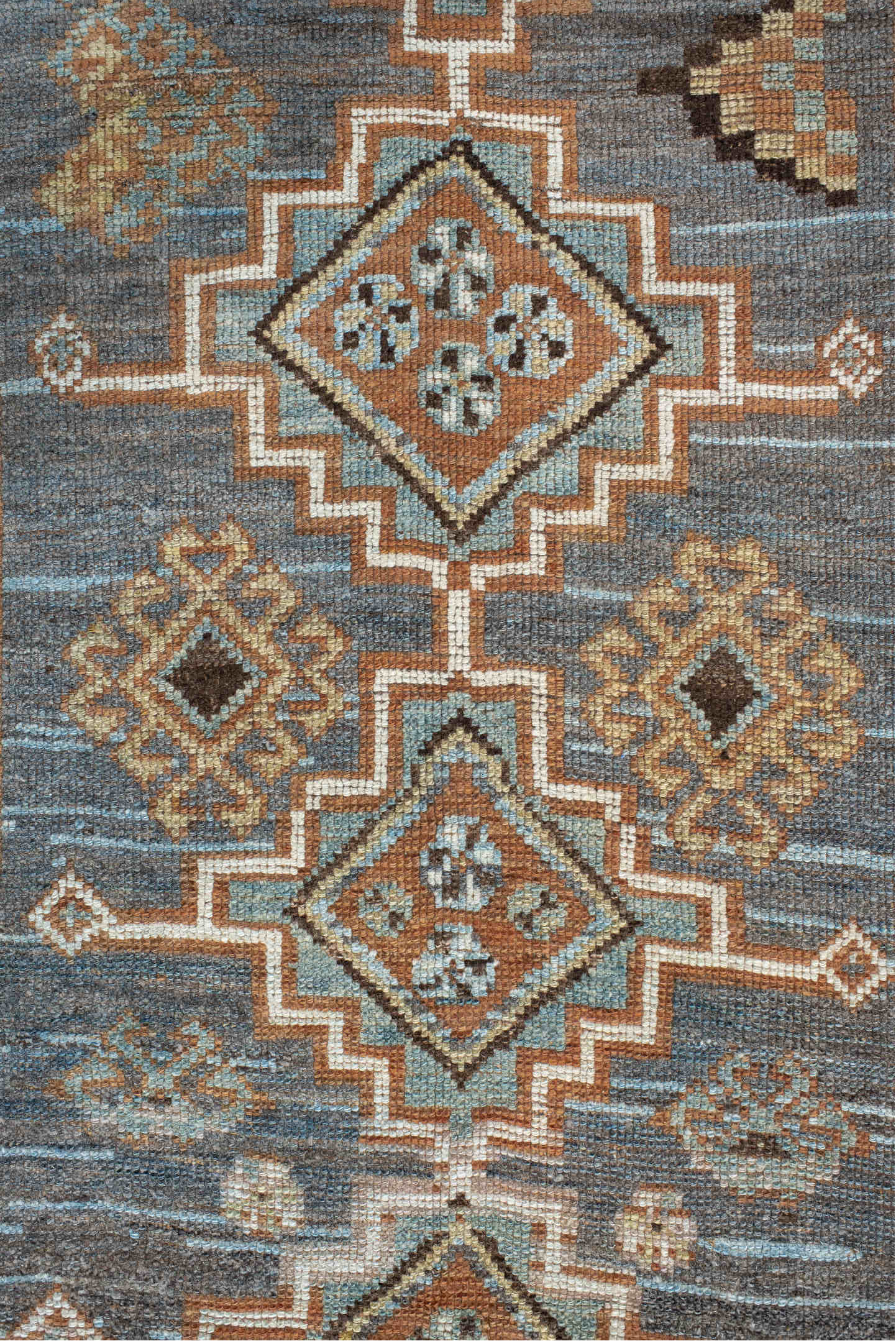 3' x 7' one-of-a-kind handmade vintage Gabbe rug. Color palette: antiquewhite, black, blue, brown, charcoal, dim gray