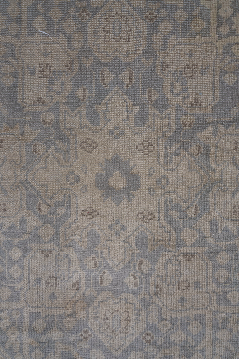 14' x 19' one-of-a-kind handmade vintage Oushak oversize rug. Color palette: dim gray, gray, light gray, off-white, pink