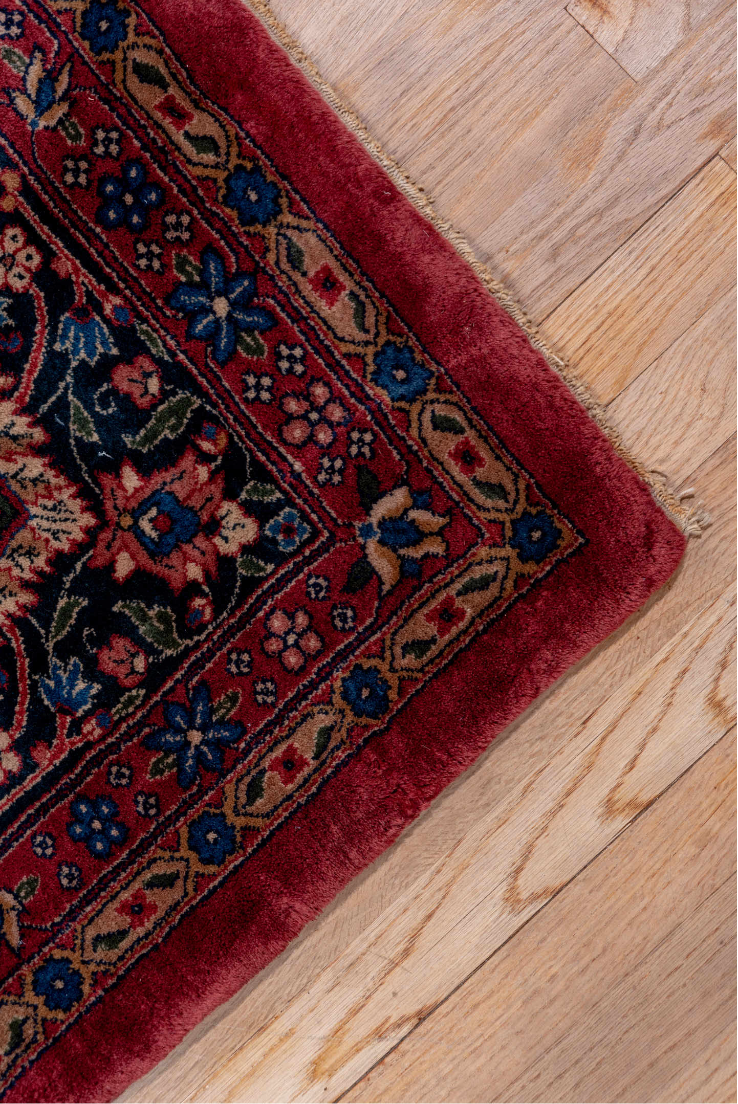 10' x 14' one-of-a-kind handmade vintage Lahor large size rug. Color palette: blue, brown, fiord, gray, pink, red