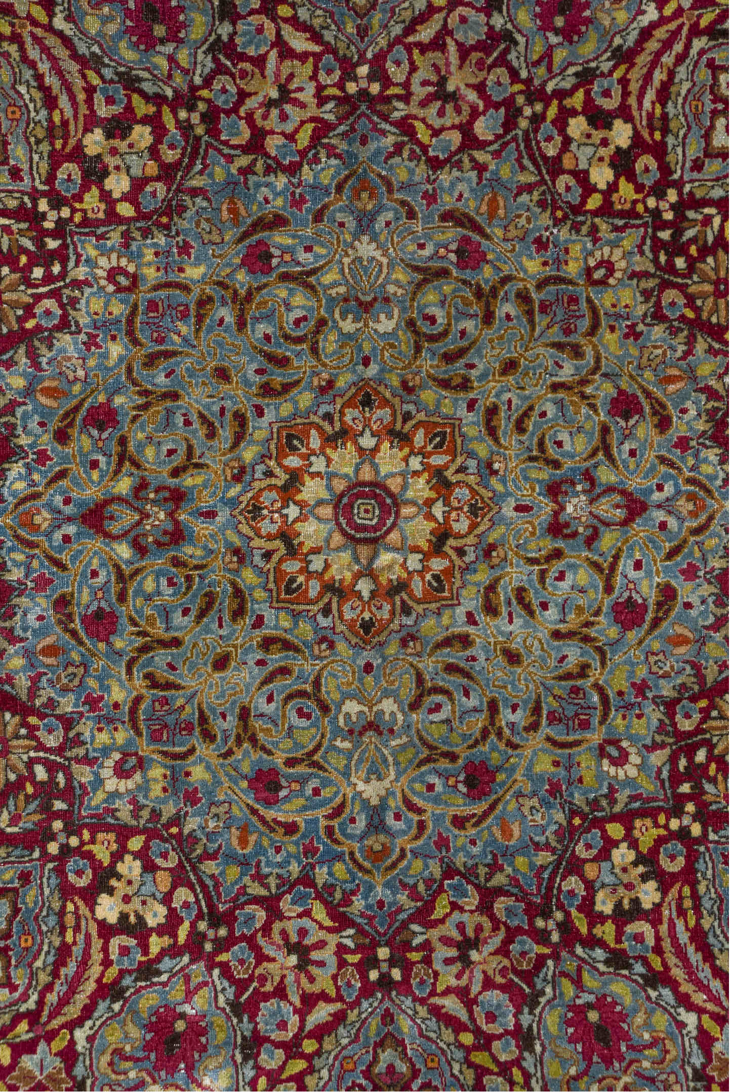 11' x 17' one-of-a-kind handmade vintage Kerman oversize rug. Color palette: blue, brown, gray, pink, red, redwood