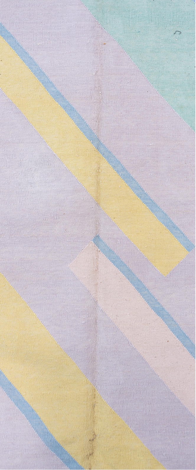 9' x 11' one-of-a-kind handmade vintage Dhurrie large size rug. Color palette: brown, gainsboro, gray, light blue